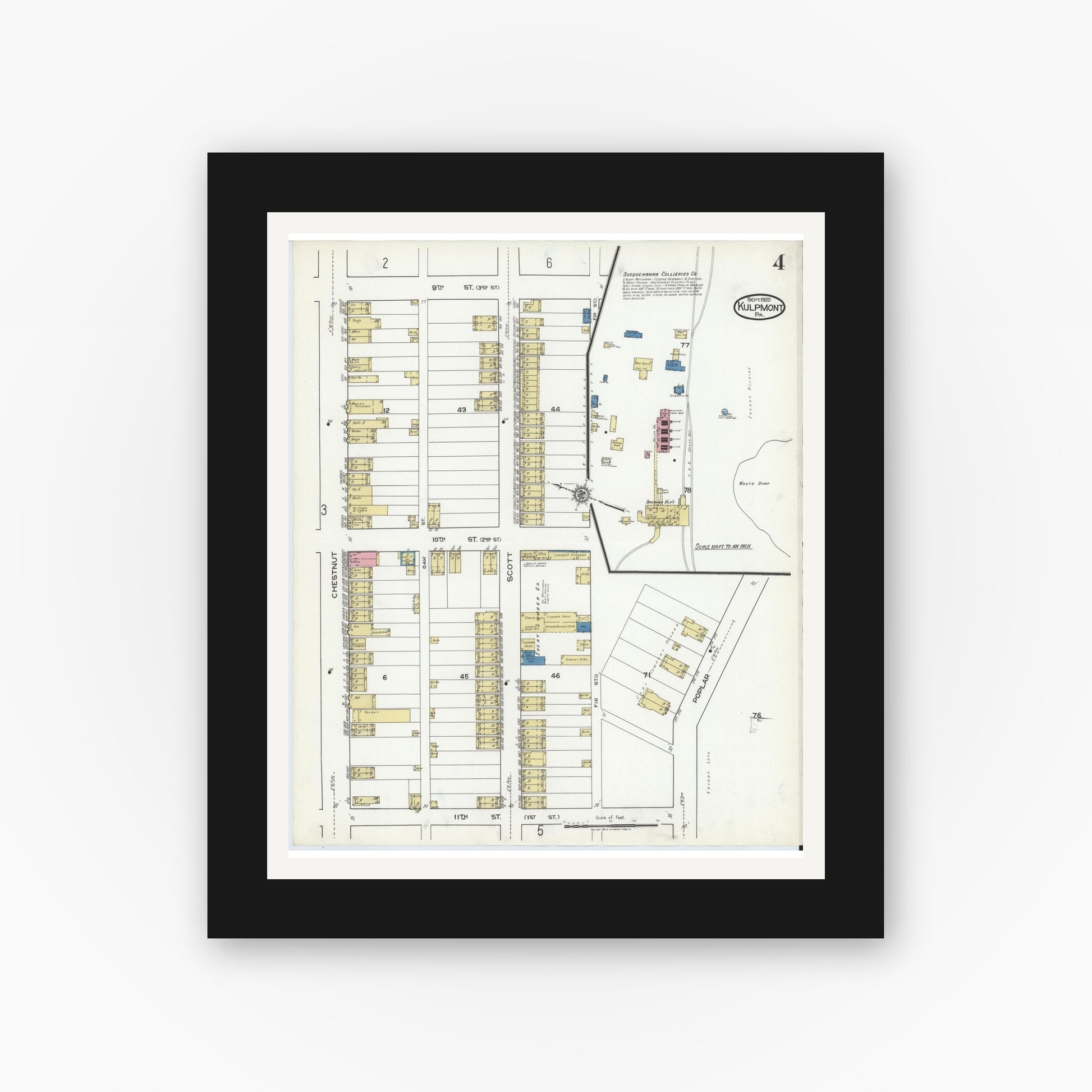 Old map wall art mockup — black gallery frame with white mat — Sanborn Fire Insurance Map from Kulpmont, Northumberland County, Pennsylvania (1920), Sheet #0004