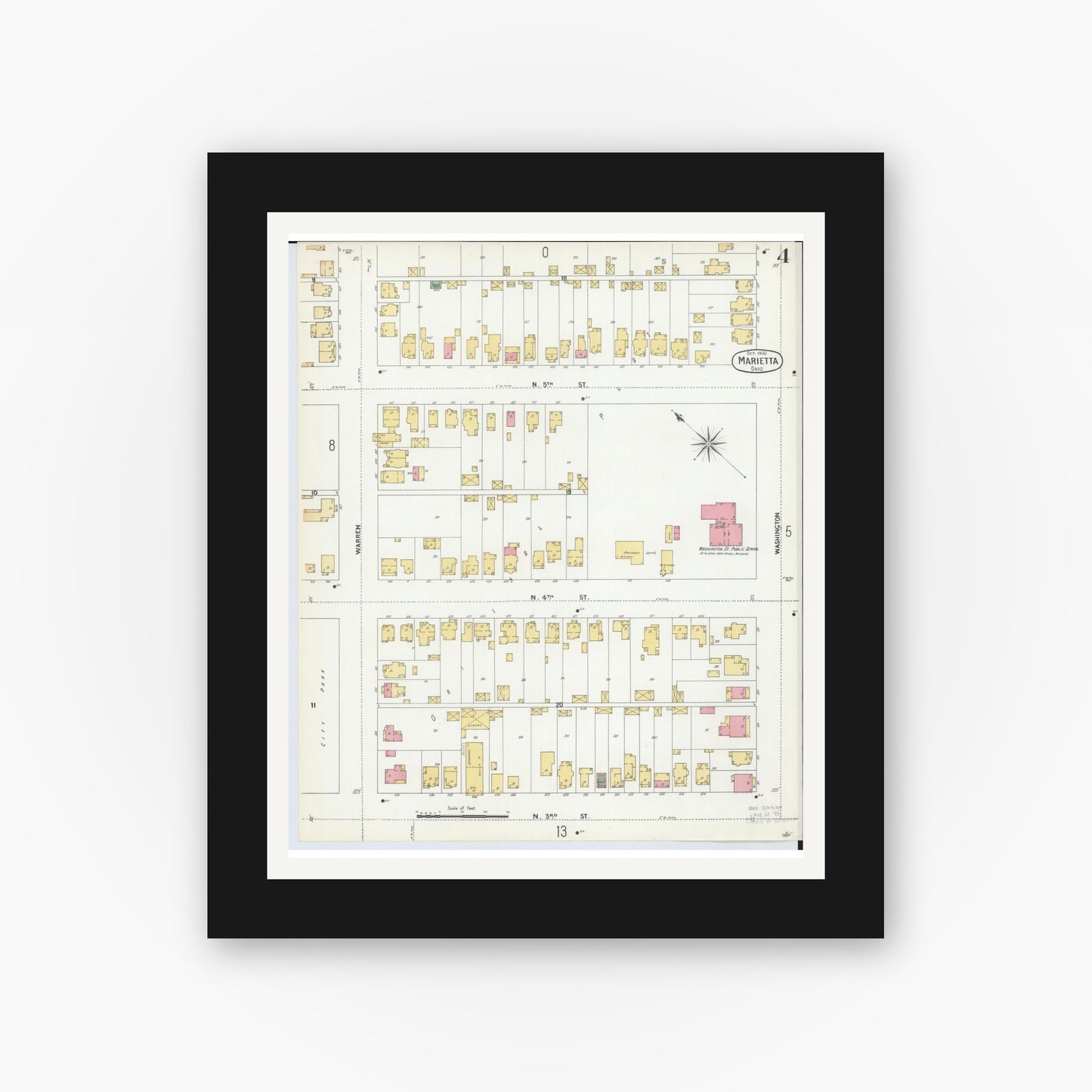 Old map wall art mockup — black gallery frame with white mat — Sanborn Fire Insurance Map from Marietta, Washington County, Ohio (1900), Sheet #0004