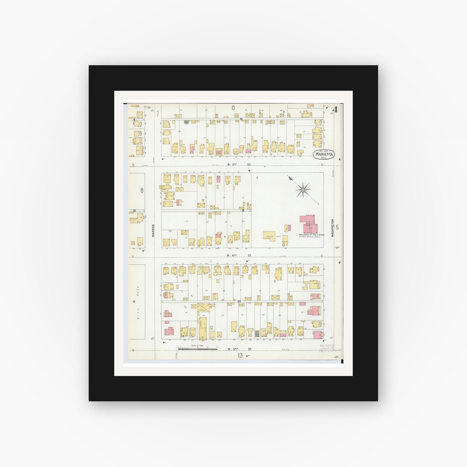 Old map wall art mockup — black gallery frame with white mat — Sanborn Fire Insurance Map from Marietta, Washington County, Ohio (1900), Sheet #0004