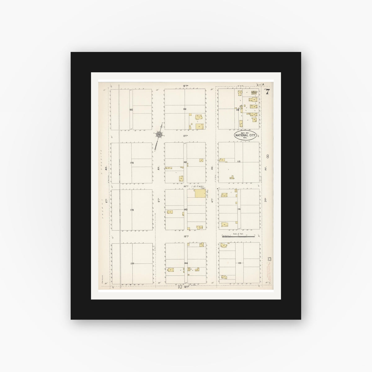 Old map wall art mockup — black gallery frame with white mat — Sanborn Fire Insurance Map from National City, San Diego County, California (1911), Sheet #0007