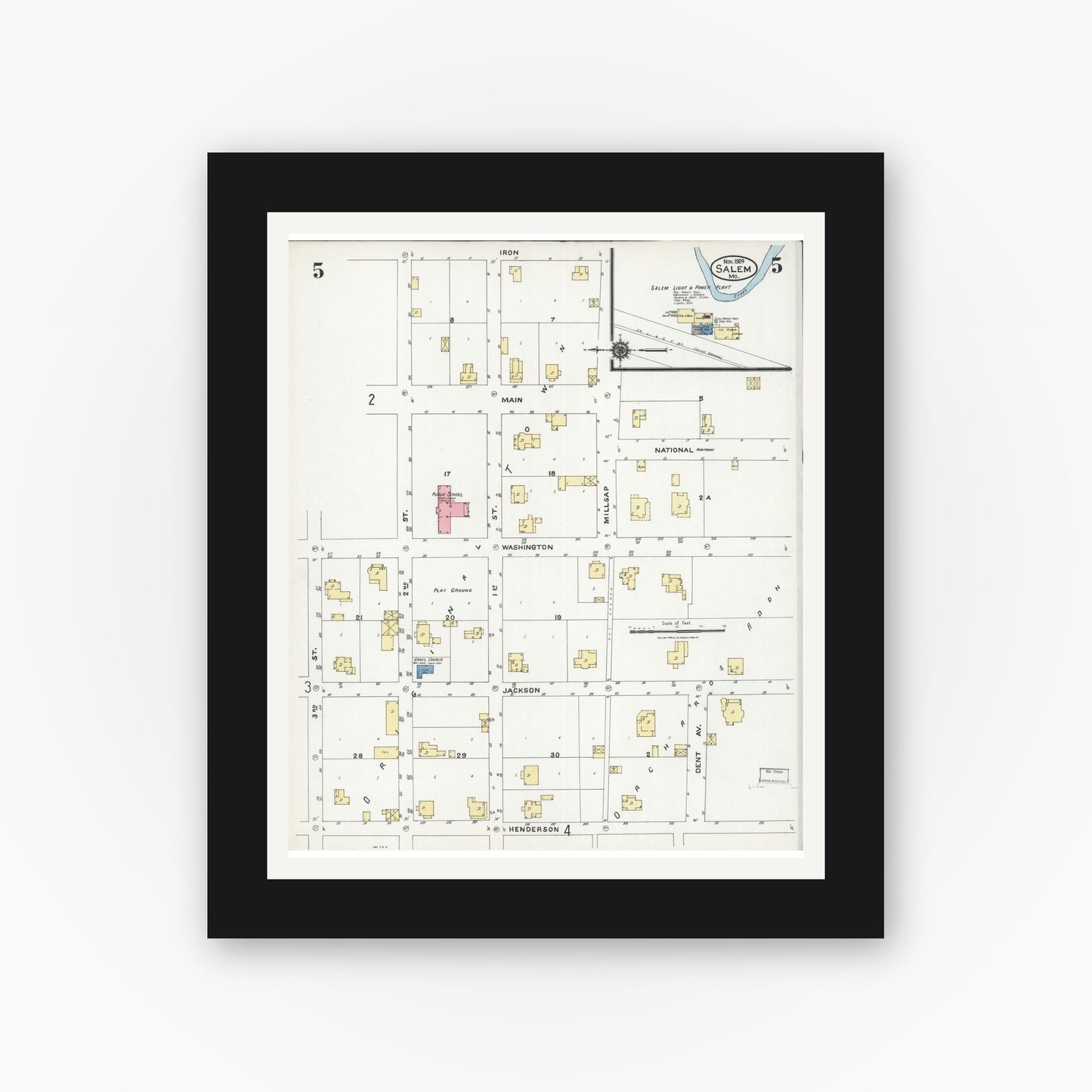 Old map wall art mockup — black gallery frame with white mat — Sanborn Fire Insurance Map from Salem, Dent County, Missouri (1924), Sheet #0005