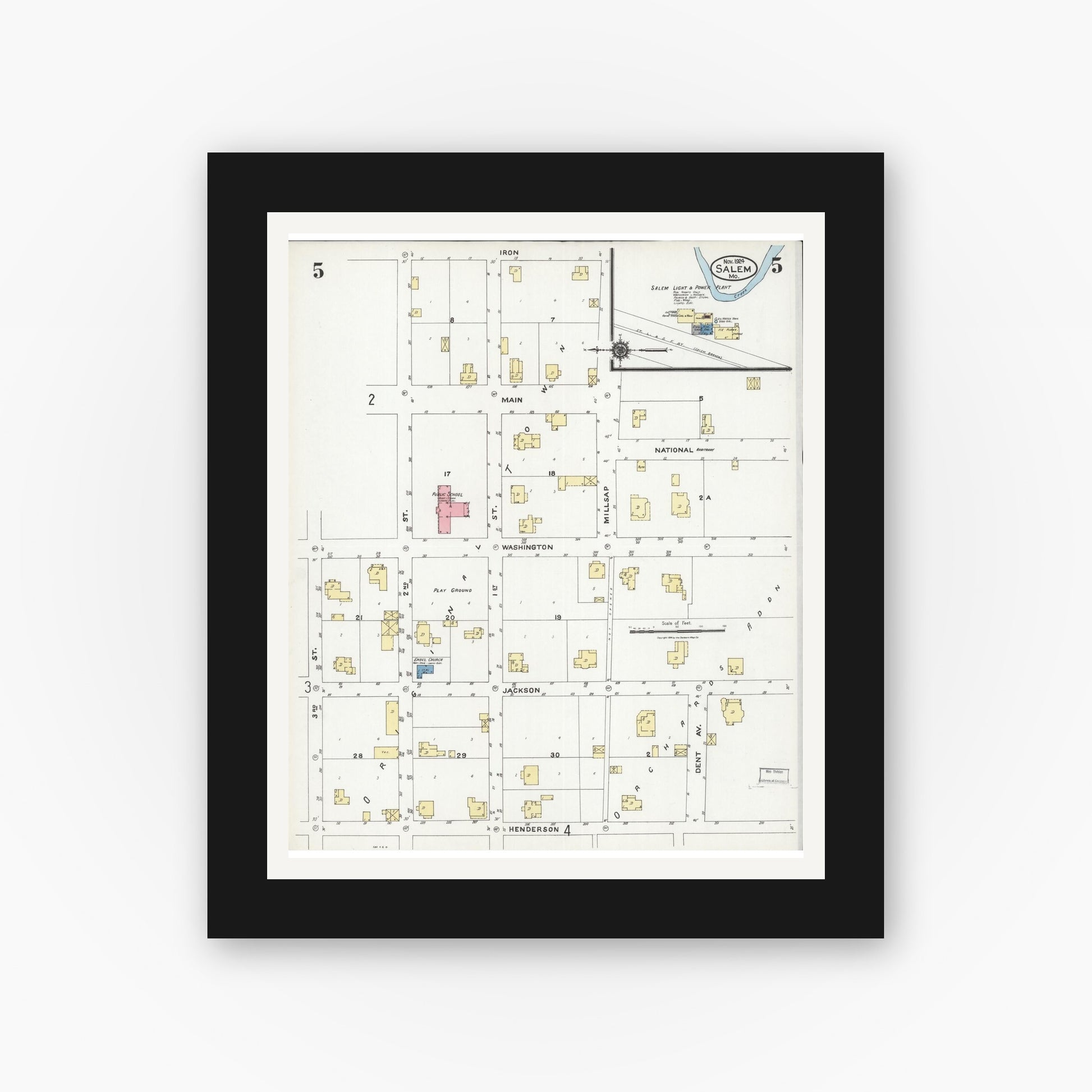 Old map wall art mockup — black gallery frame with white mat — Sanborn Fire Insurance Map from Salem, Dent County, Missouri (1924), Sheet #0005