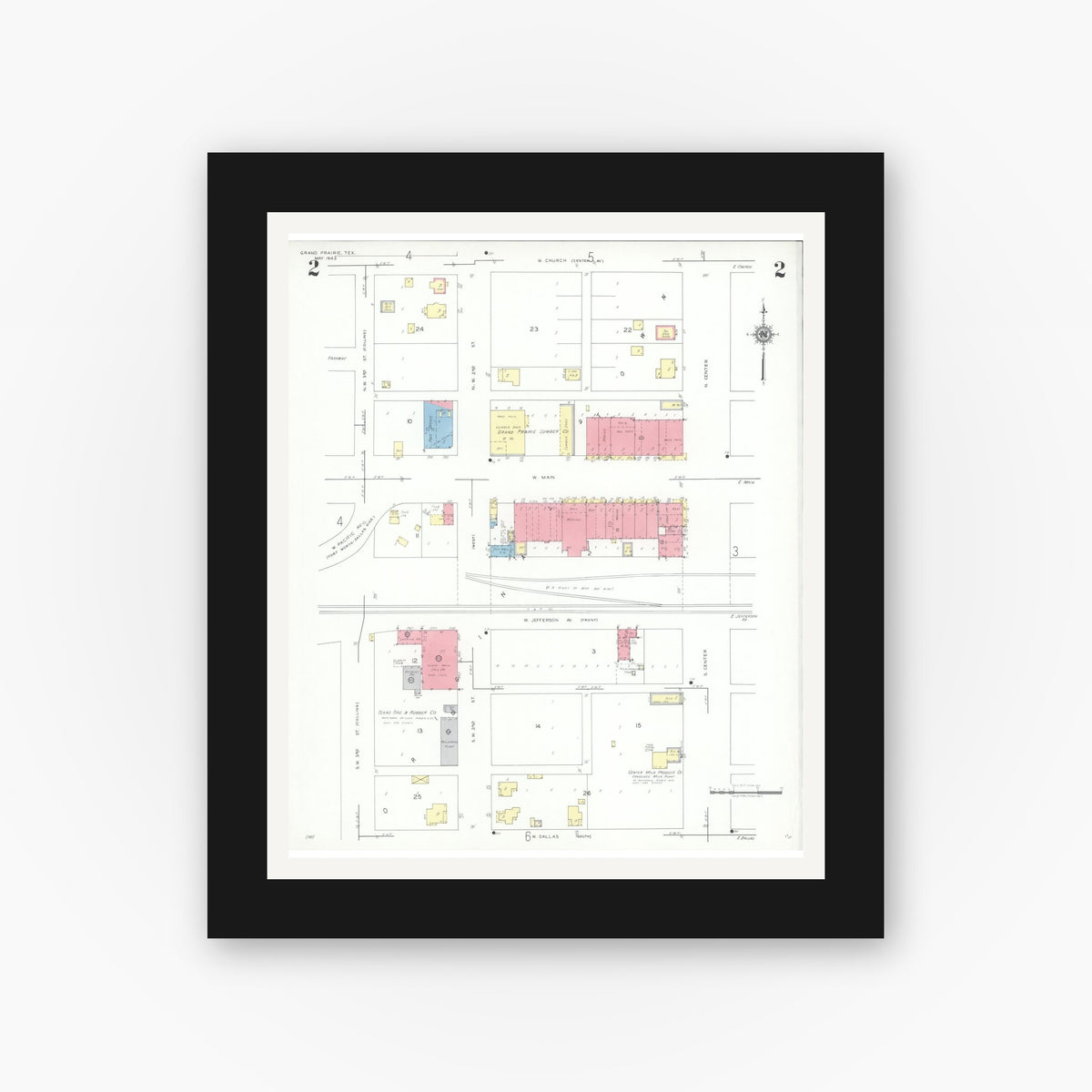 Old map wall art mockup — black gallery frame with white mat — Sanborn Fire Insurance Map from Grand Prairie, Dallas County, Texas (1943), Sheet #0002