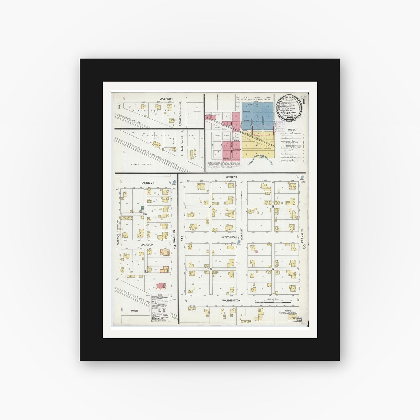 Old map wall art mockup — black gallery frame with white mat — Sanborn Fire Insurance Map from Mentone, Kosciusko County, Indiana (1901) - Complete Map Set