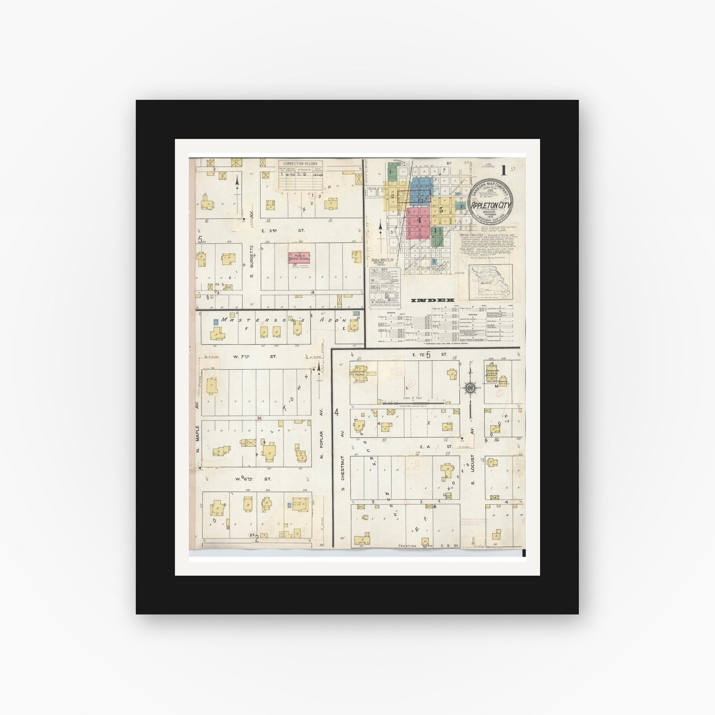Old map wall art mockup — black gallery frame with white mat — Sanborn Fire Insurance Map from Appleton City, Saint Clair County, Missouri (1935) - Complete Map Set
