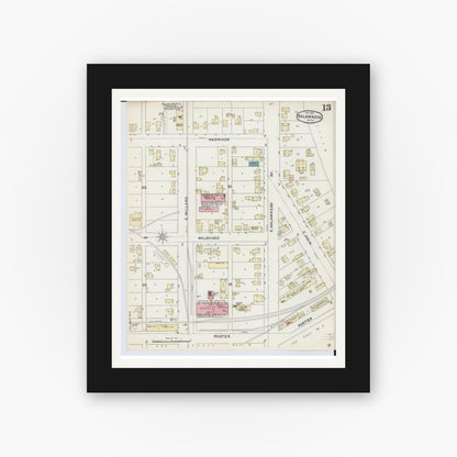 Old map wall art mockup — black gallery frame with white mat — Sanborn Fire Insurance Map from Kalamazoo, Kalamazoo County, Michigan (1891), Sheet #0013