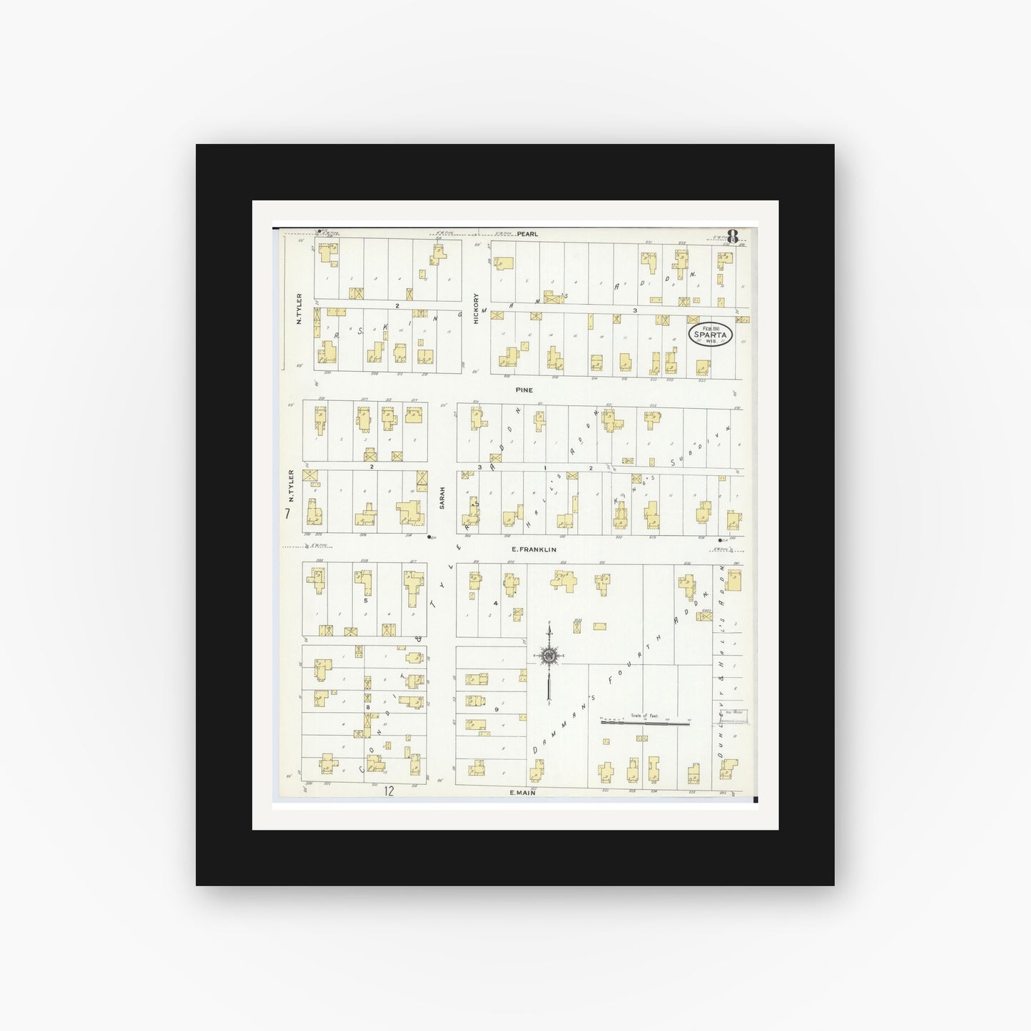 Old map wall art mockup — black gallery frame with white mat — Sanborn Fire Insurance Map from Sparta, Monroe County, Wisconsin (1911), Sheet #0008