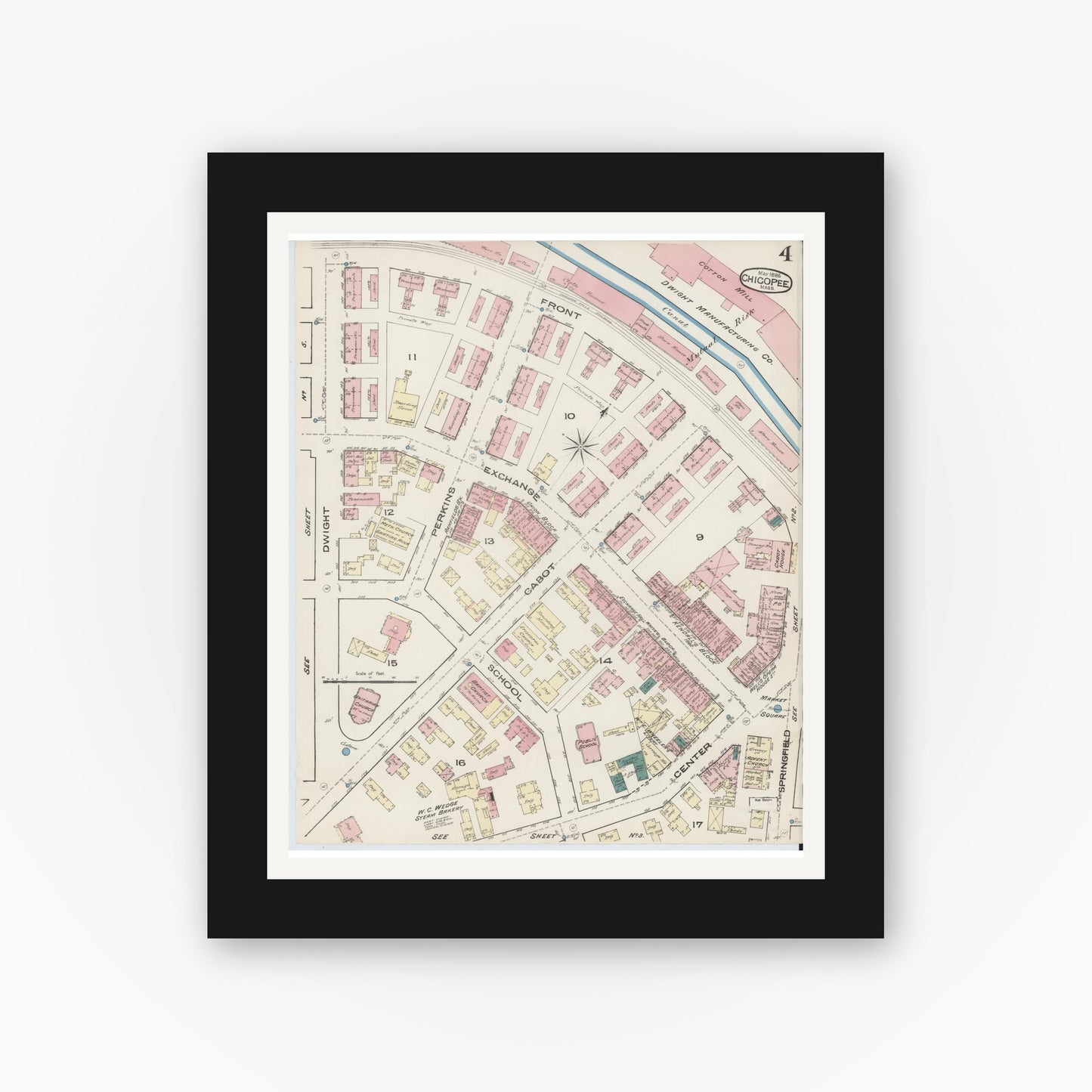 Old map wall art mockup — black gallery frame with white mat — Sanborn Fire Insurance Map from Chicopee, Hampden County, Massachusetts (1885), Sheet #0004