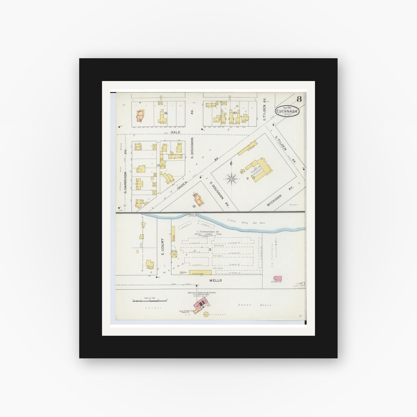 Old map wall art mockup — black gallery frame with white mat — Sanborn Fire Insurance Map from Escanaba, Delta County, Michigan (1893), Sheet #0008