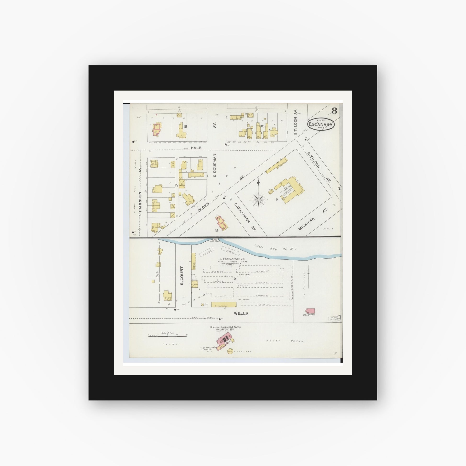Old map wall art mockup — black gallery frame with white mat — Sanborn Fire Insurance Map from Escanaba, Delta County, Michigan (1893), Sheet #0008