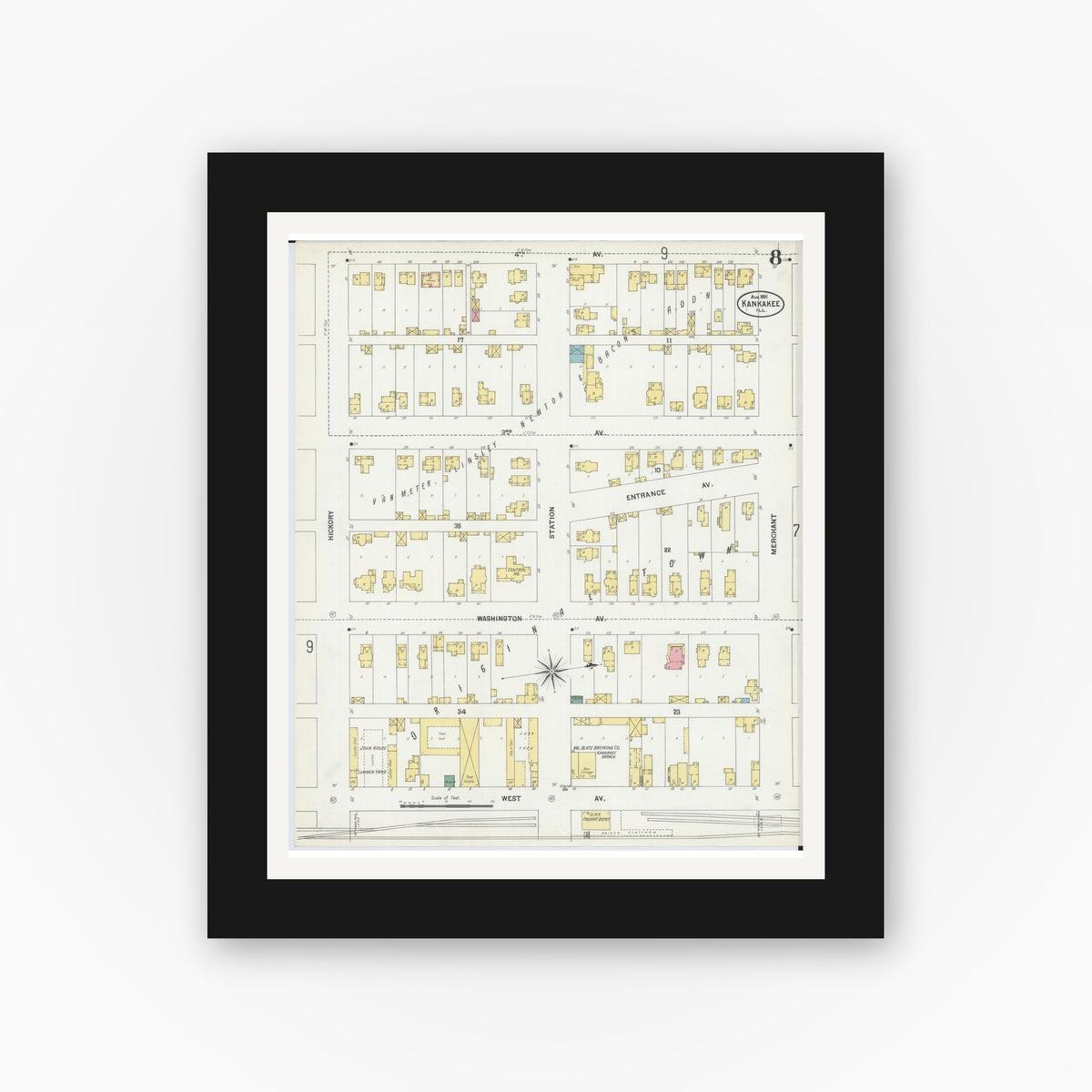 Old map wall art mockup — black gallery frame with white mat — Sanborn Fire Insurance Map from Kankakee, Kankakee County, Illinois (1901), Sheet #0008