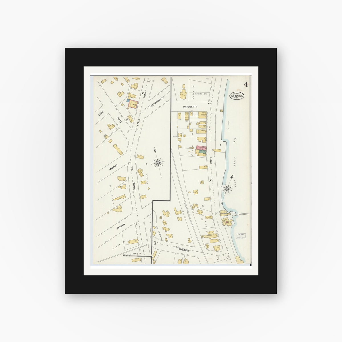 Old map wall art mockup — black gallery frame with white mat — Sanborn Fire Insurance Map from Saint Ignace, Mackinac County, Michigan (1901), Sheet #0004