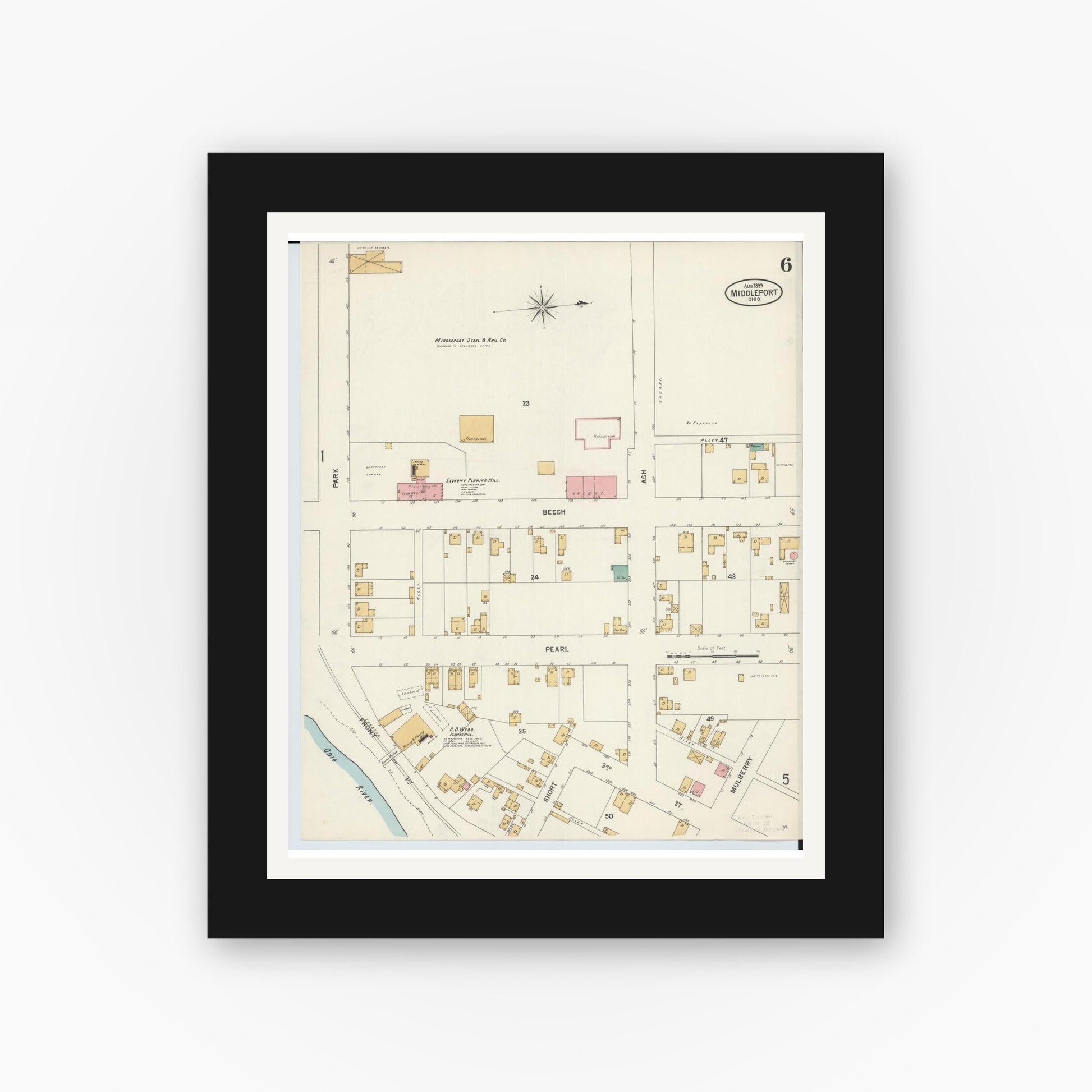 Old map wall art mockup — black gallery frame with white mat — Sanborn Fire Insurance Map from Middleport, Meigs County, Ohio (1899), Sheet #0006