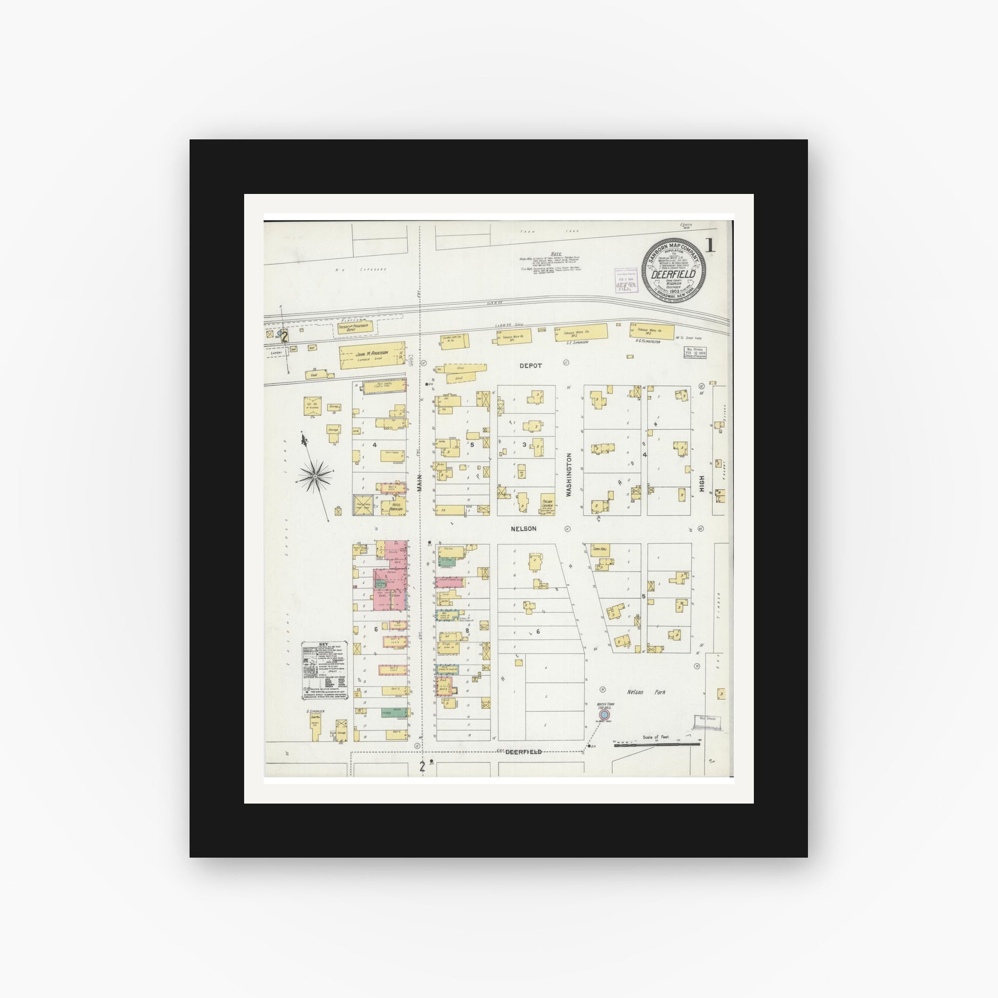Old map wall art mockup — black gallery frame with white mat — Sanborn Fire Insurance Map from Deerfield, Dane County, Wisconsin (1903), Sheet #0001