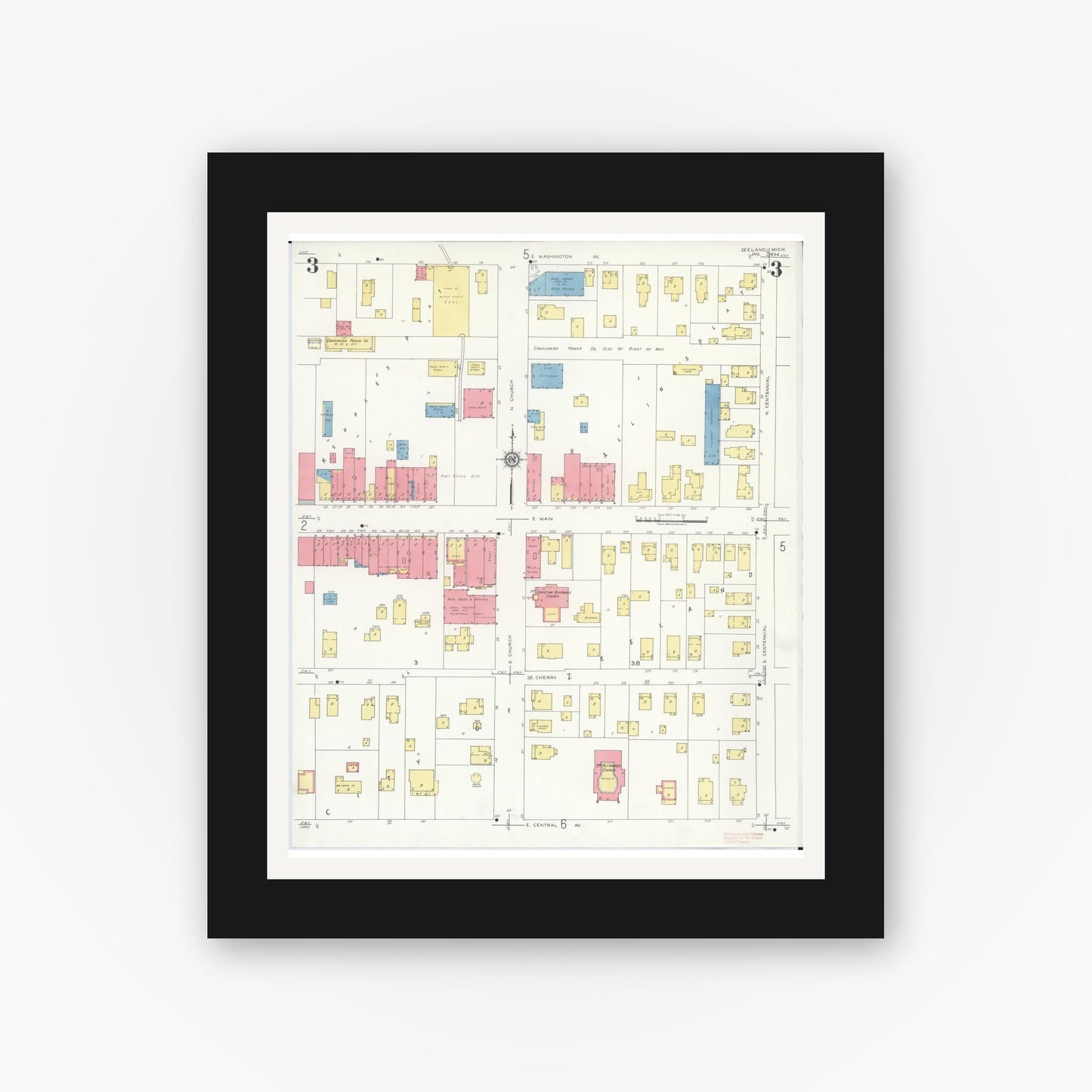 Old map wall art mockup — black gallery frame with white mat — Sanborn Fire Insurance Map from Zeeland, Ottawa County, Michigan (1934), Sheet #0003