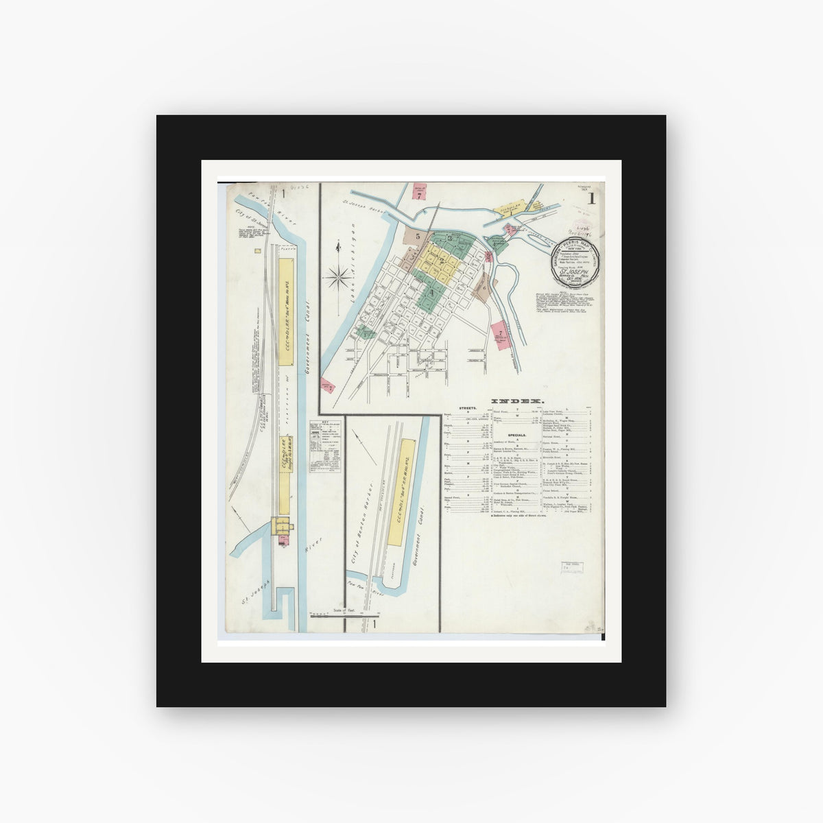 Old map wall art mockup — black gallery frame with white mat — Sanborn Fire Insurance Map from Saint Joseph, Berrien County, Michigan (1896), Sheet #0001