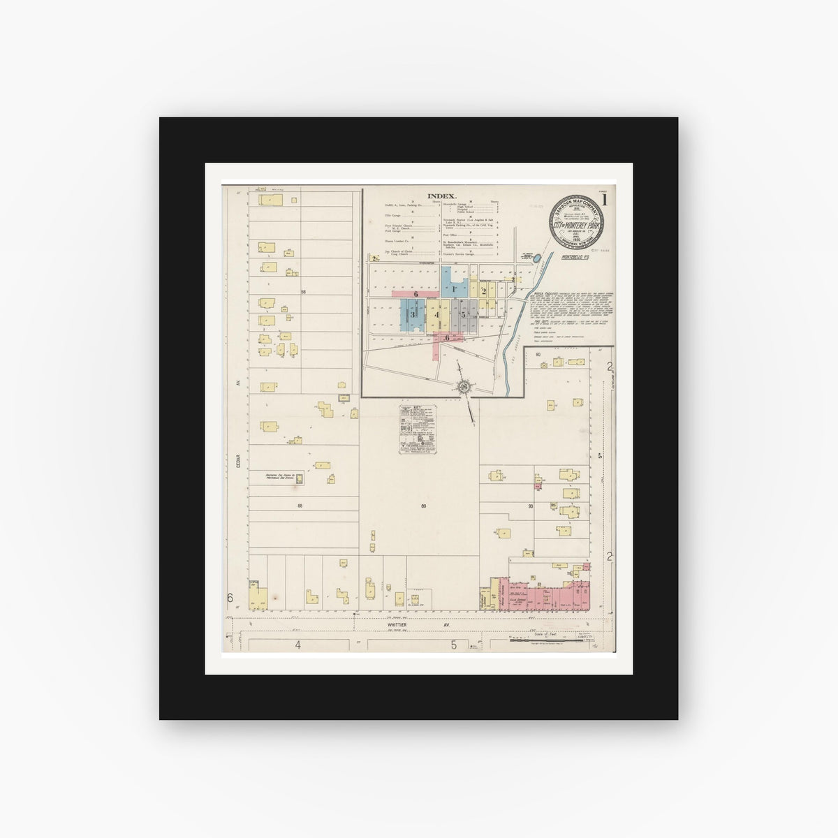 Old map wall art mockup — black gallery frame with white mat — Sanborn Fire Insurance Map from Monterey Park, Los Angeles County, California (1920), Sheet #0001