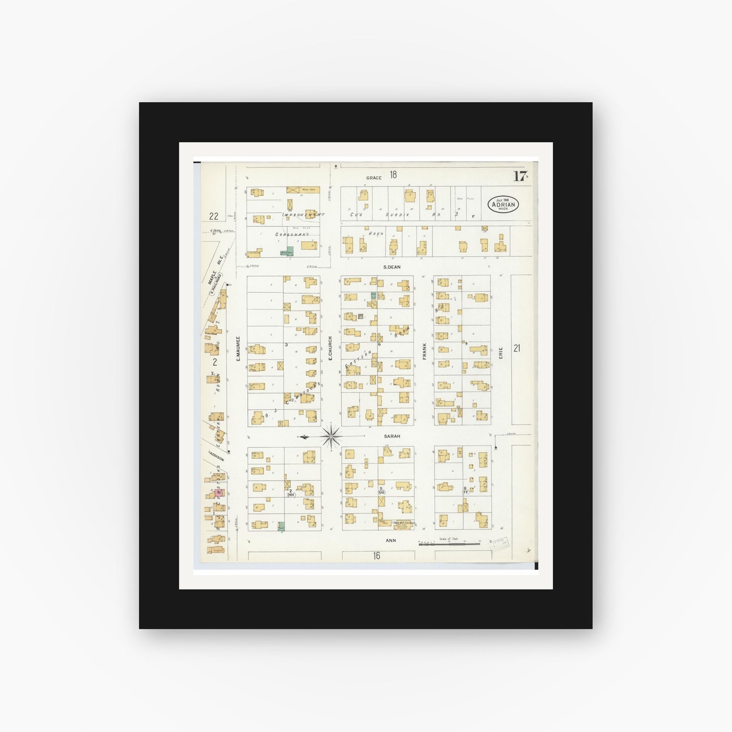 Old map wall art mockup — black gallery frame with white mat — Sanborn Fire Insurance Map from Adrian, Lenawee County, Michigan (1908), Sheet #0017