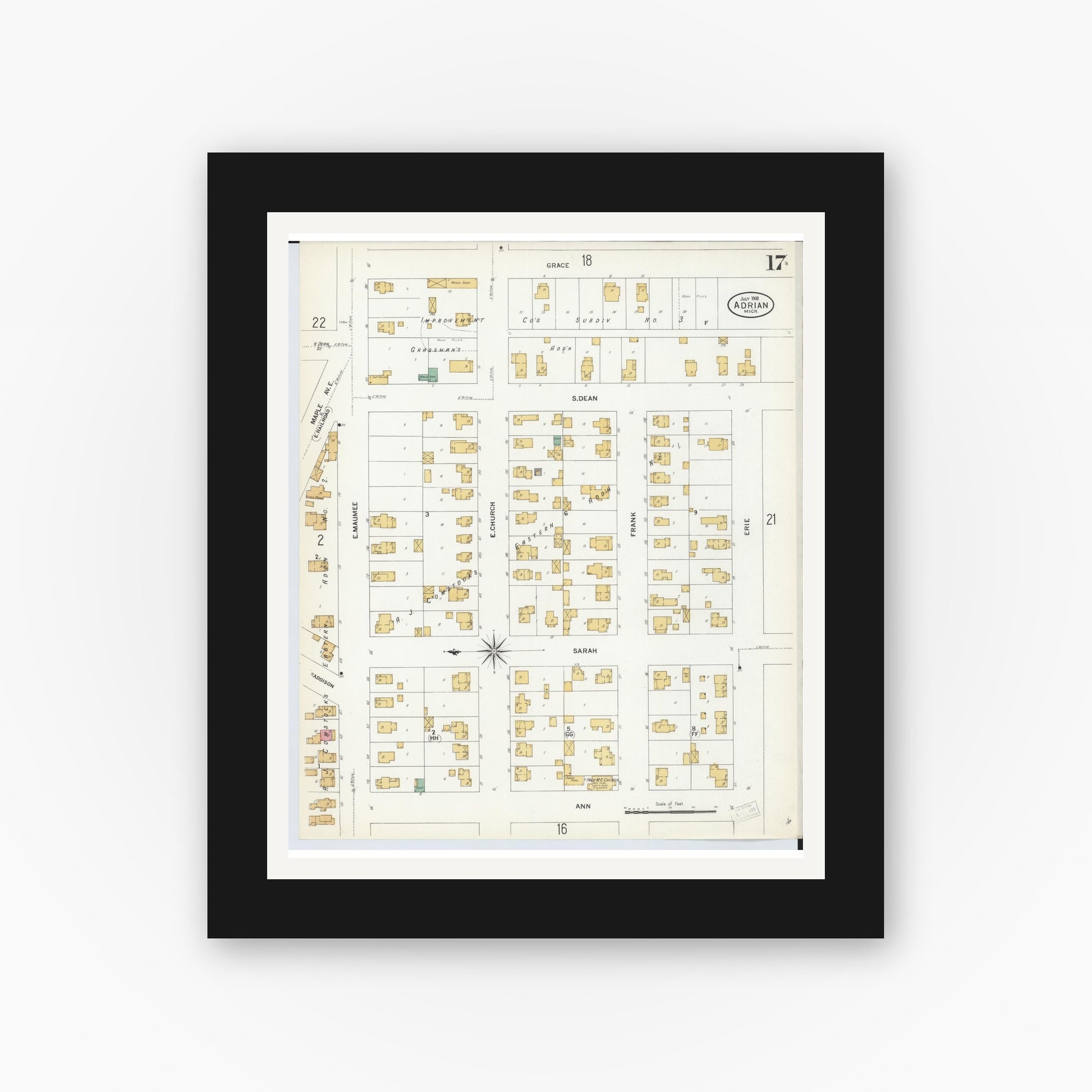 Old map wall art mockup — black gallery frame with white mat — Sanborn Fire Insurance Map from Adrian, Lenawee County, Michigan (1908), Sheet #0017