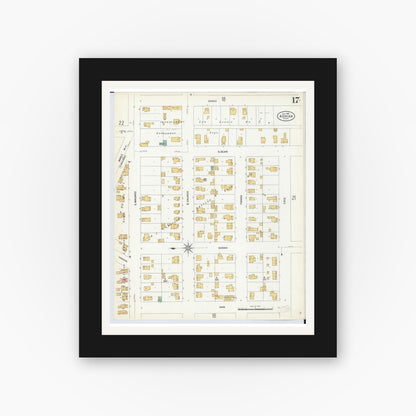 Old map wall art mockup — black gallery frame with white mat — Sanborn Fire Insurance Map from Adrian, Lenawee County, Michigan (1908), Sheet #0017