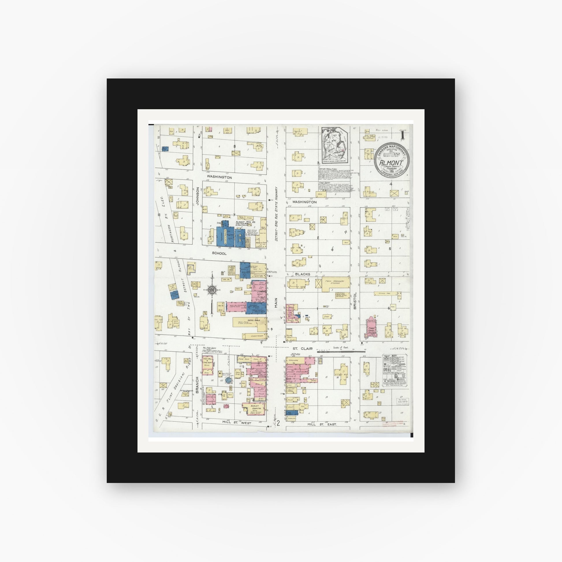 Old map wall art mockup — black gallery frame with white mat — Sanborn Fire Insurance Map from Almont, Lapeer County, Michigan (1921) - Complete Map Set