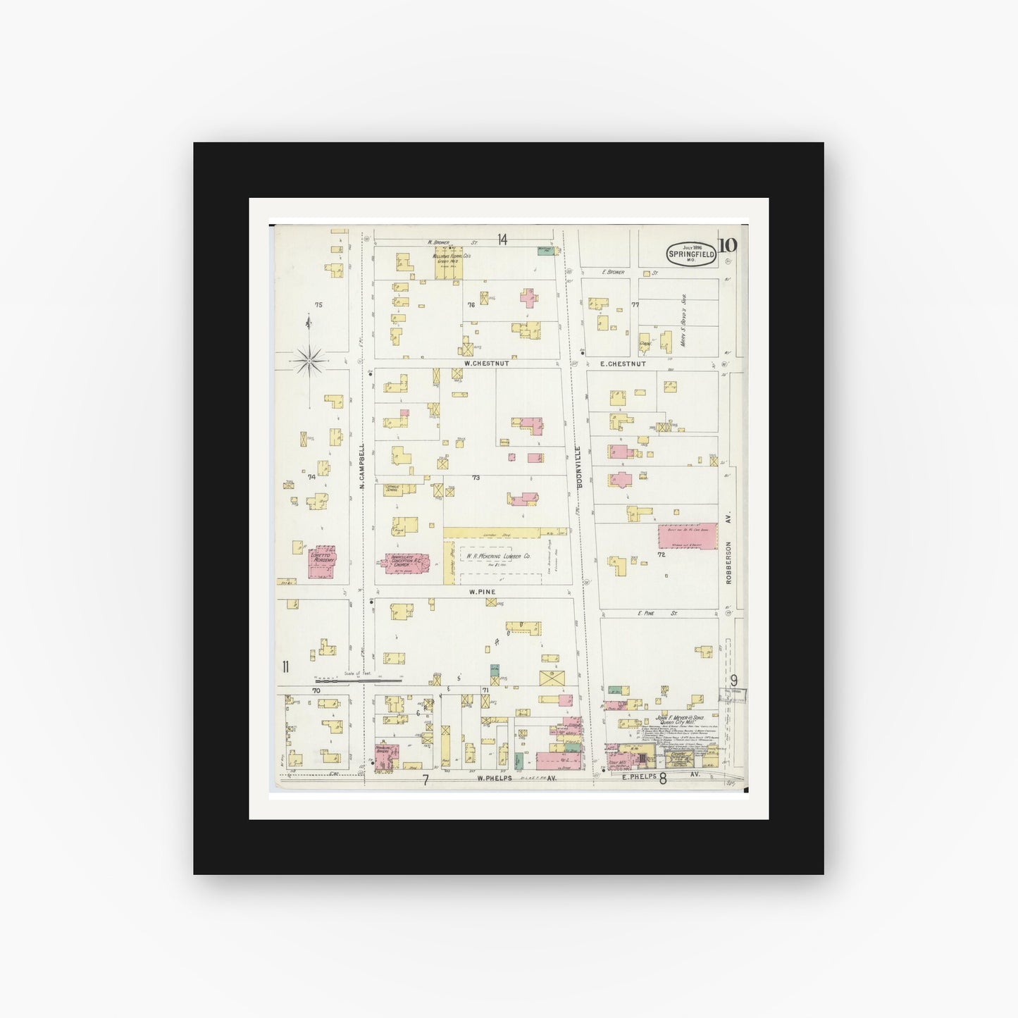 Old map wall art mockup — black gallery frame with white mat — Sanborn Fire Insurance Map from Springfield, Greene County, Missouri (1896), Sheet #0010