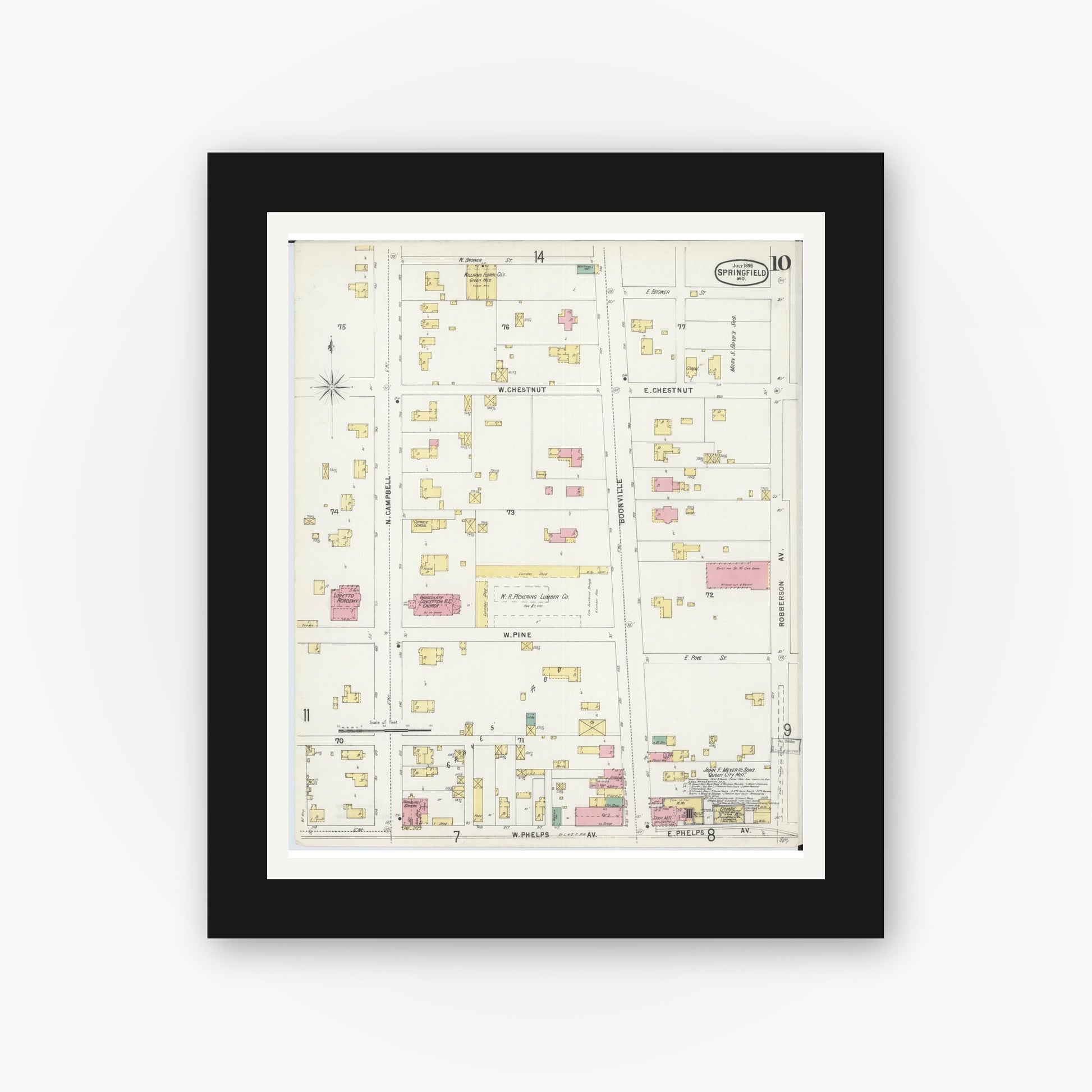 Old map wall art mockup — black gallery frame with white mat — Sanborn Fire Insurance Map from Springfield, Greene County, Missouri (1896), Sheet #0010