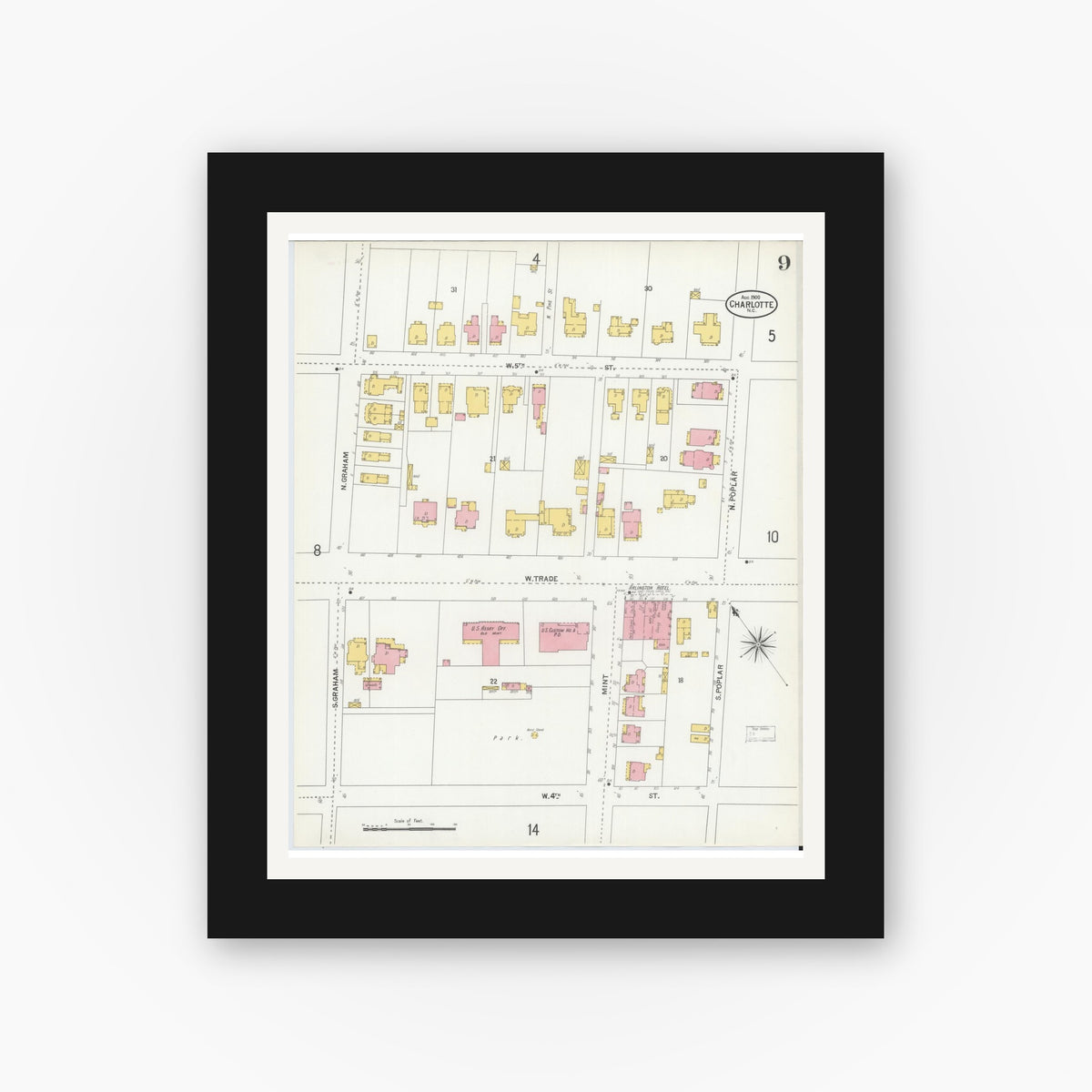 Old map wall art mockup — black gallery frame with white mat — Sanborn Fire Insurance Map from Charlotte, Mecklenburg County, North Carolina (1900), Sheet #0009