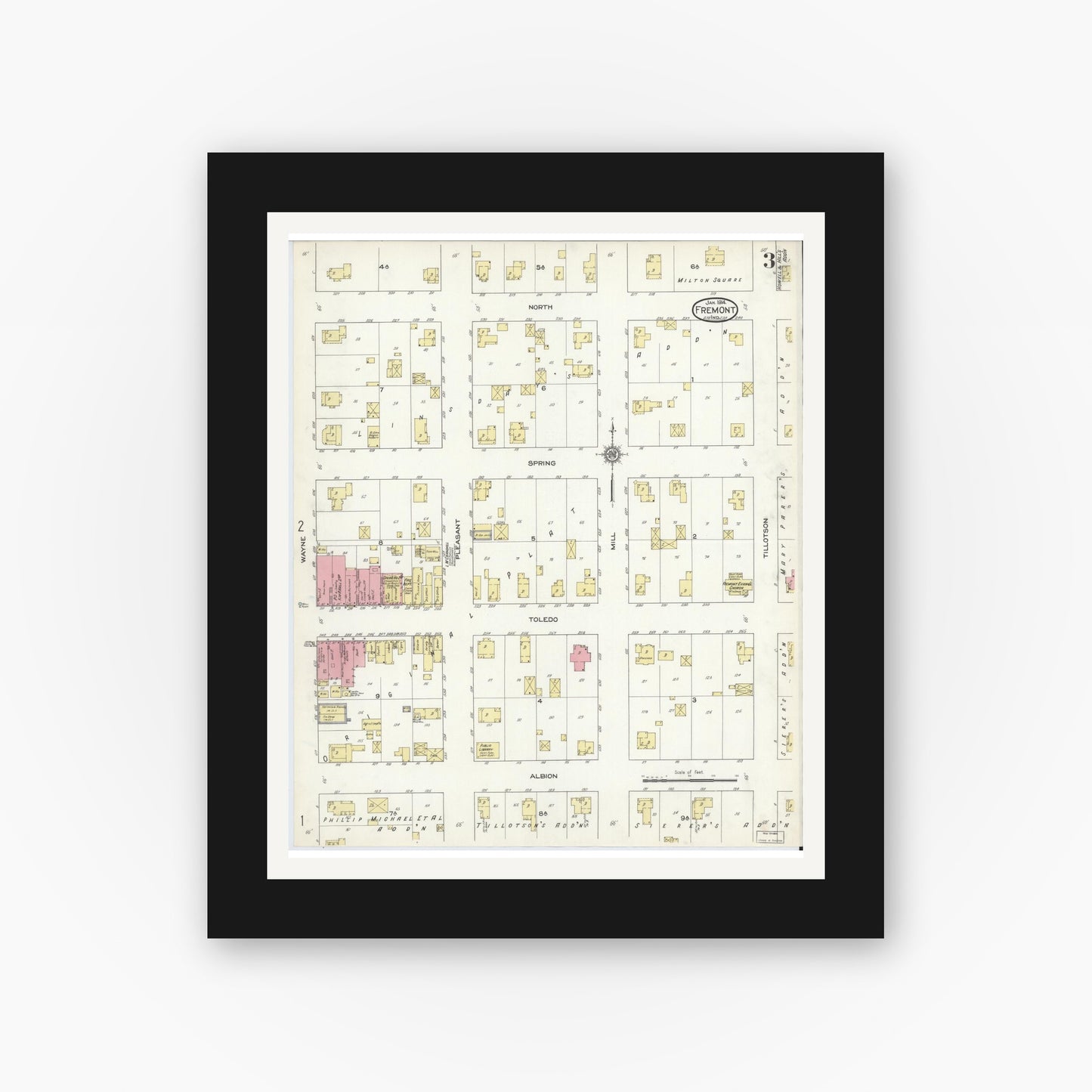 Old map wall art mockup — black gallery frame with white mat — Sanborn Fire Insurance Map from Fremont, Steuben County, Indiana (1914), Sheet #0003