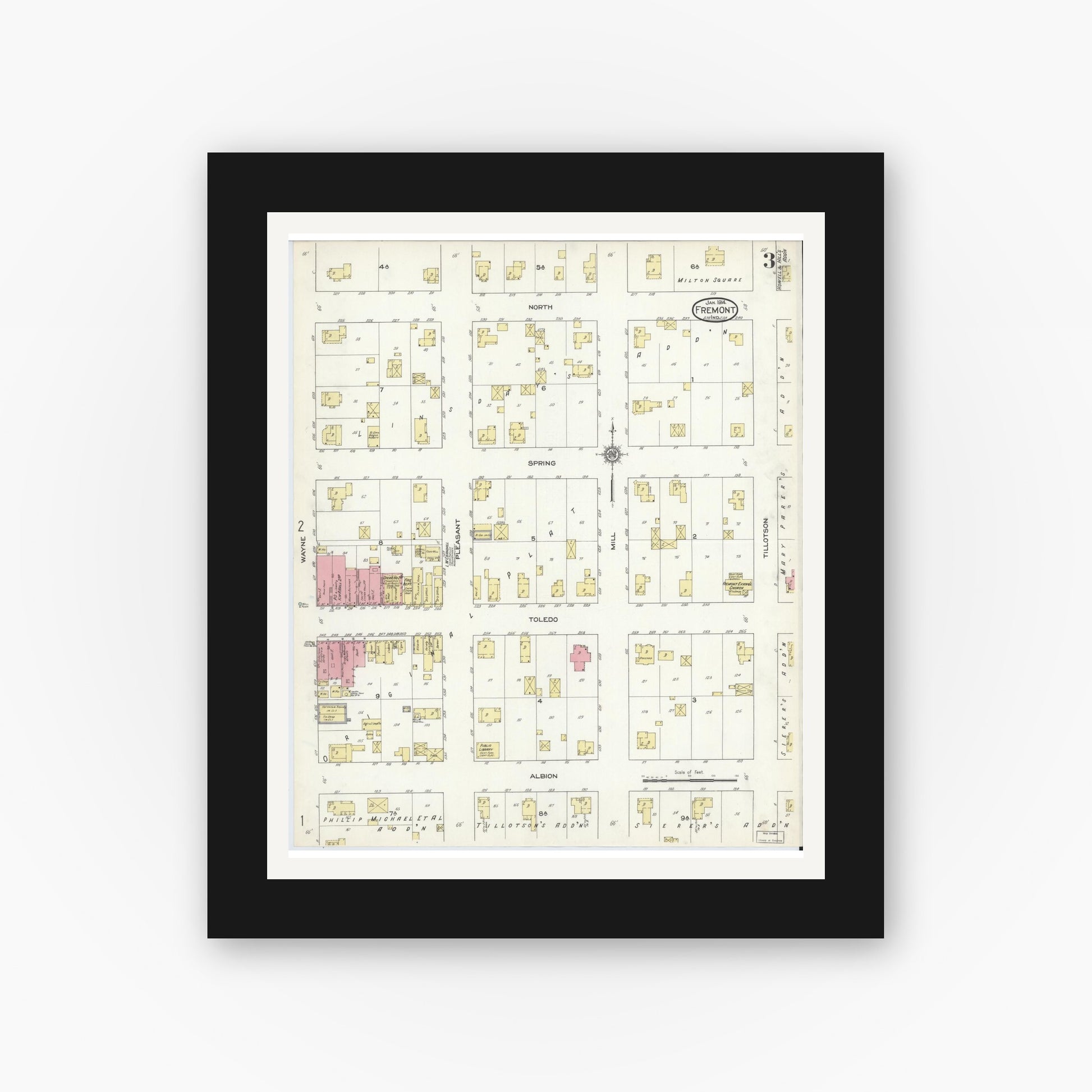 Old map wall art mockup — black gallery frame with white mat — Sanborn Fire Insurance Map from Fremont, Steuben County, Indiana (1914), Sheet #0003