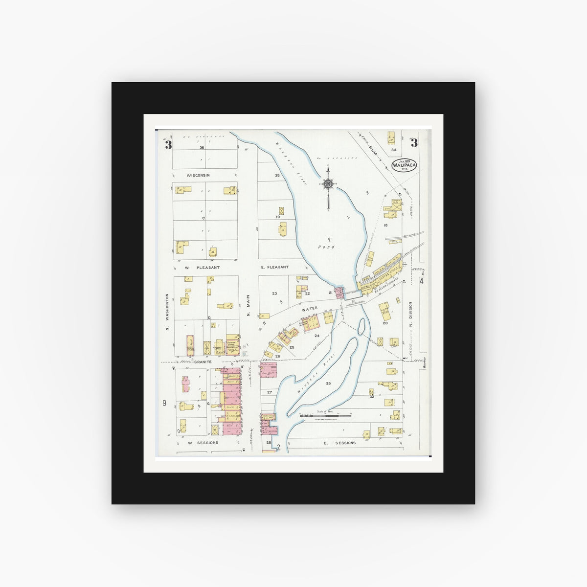 Old map wall art mockup — black gallery frame with white mat — Sanborn Fire Insurance Map from Waupaca, Waupaca County, Wisconsin (1924), Sheet #0003