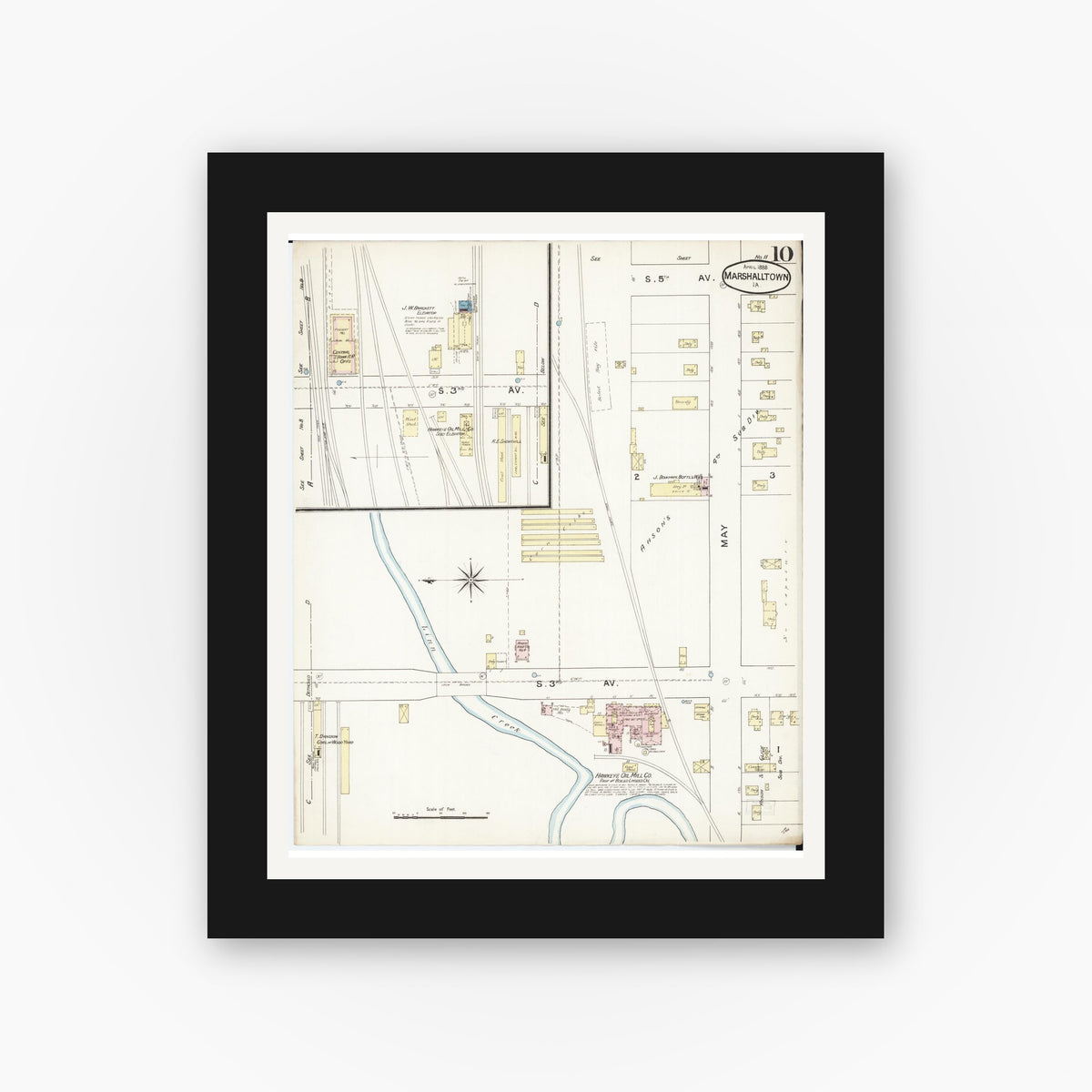 Old map wall art mockup — black gallery frame with white mat — Sanborn Fire Insurance Map from Marshalltown, Marshall County, Iowa (1888), Sheet #0010