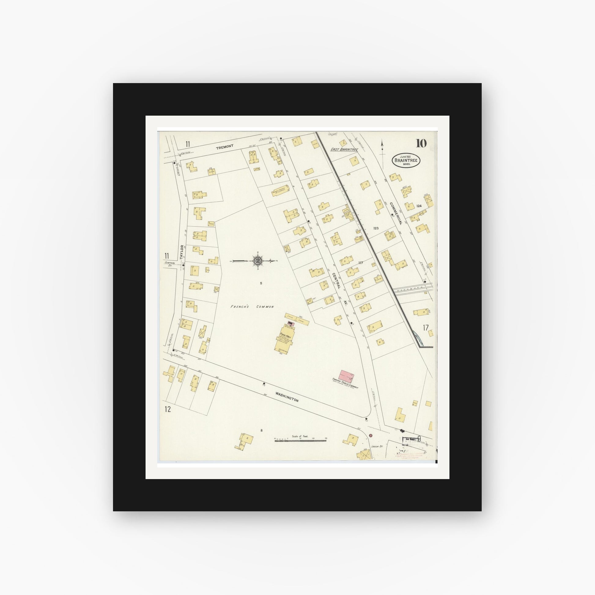 Old map wall art mockup — black gallery frame with white mat — Sanborn Fire Insurance Map from Braintree, Norfolk County, Massachusetts (1911), Sheet #0010