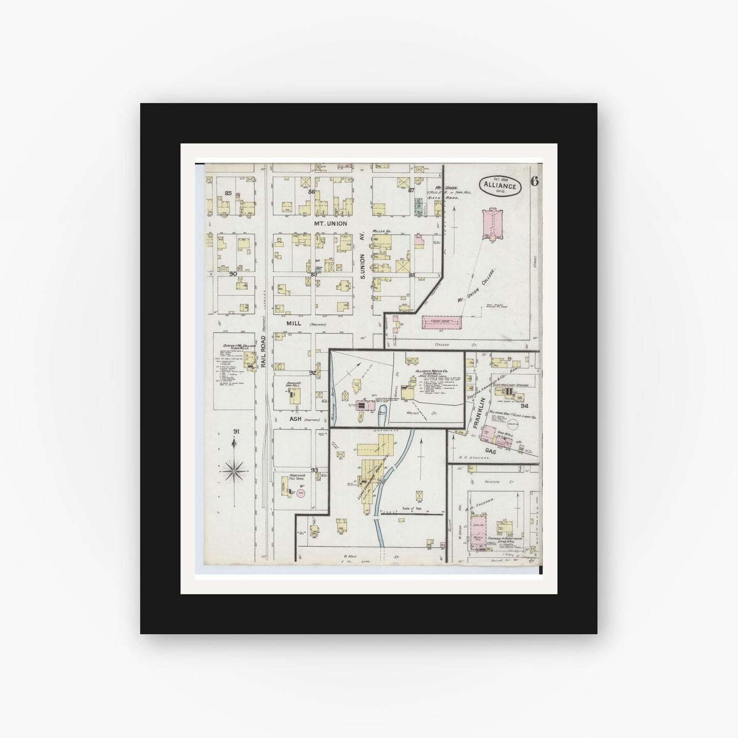 Old map wall art mockup — black gallery frame with white mat — Sanborn Fire Insurance Map from Alliance, Stark County, Ohio (1888), Sheet #0006