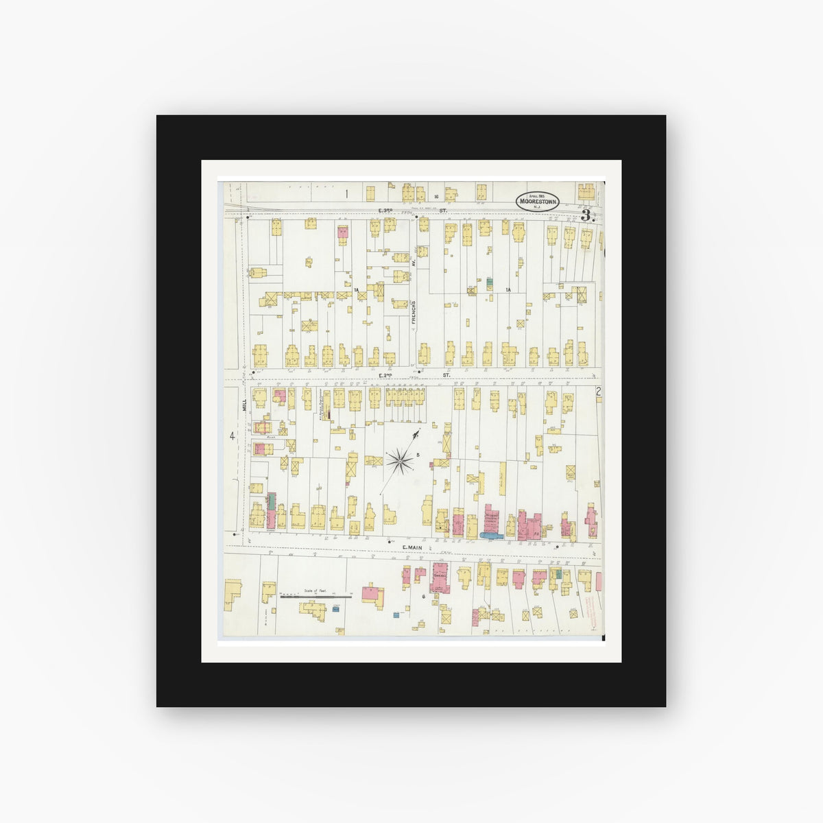 Old map wall art mockup — black gallery frame with white mat — Sanborn Fire Insurance Map from Moorestown, Burlington County, New Jersey (1905), Sheet #0003
