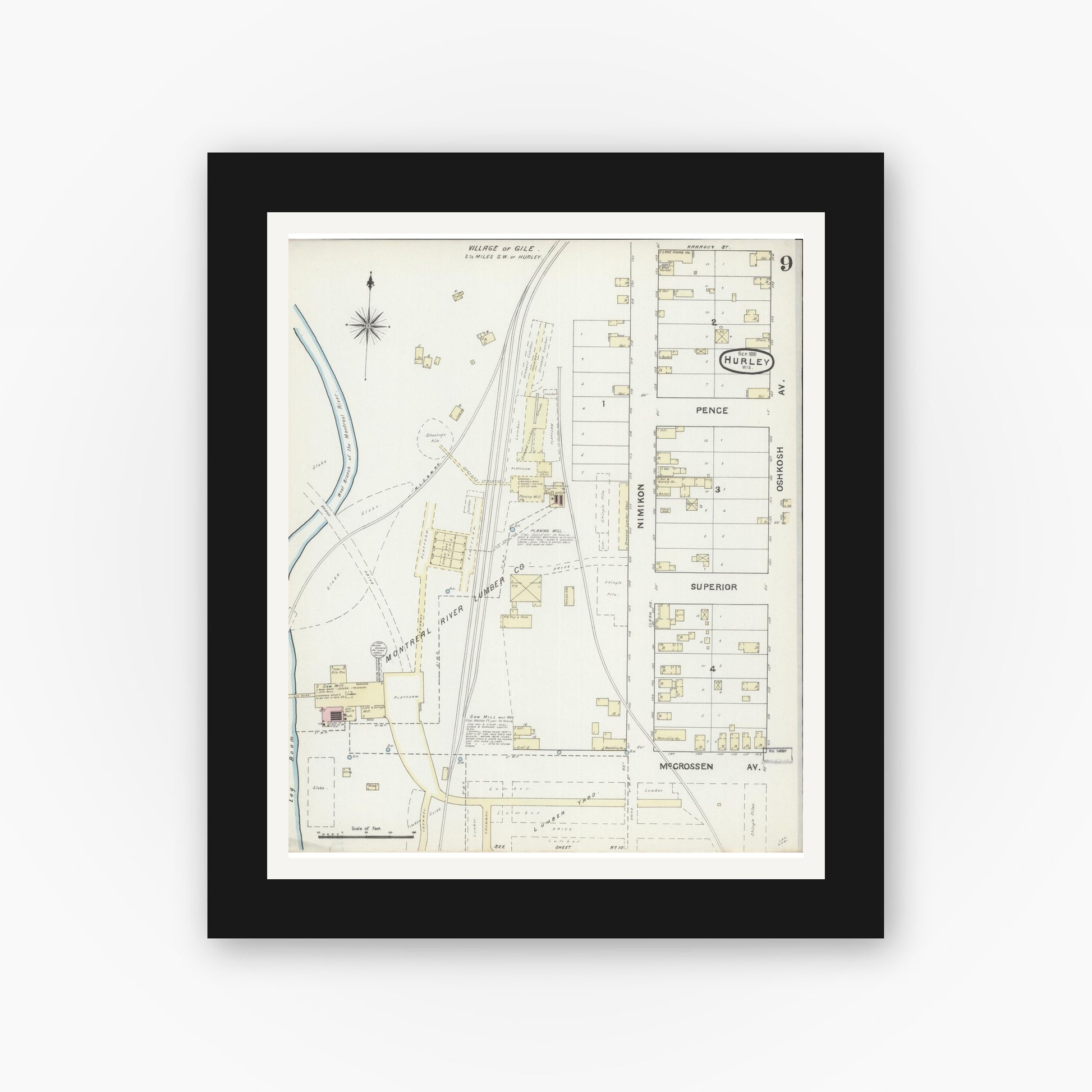 Old map wall art mockup — black gallery frame with white mat — Sanborn Fire Insurance Map from Hurley, Iron County, Wisconsin (1891), Sheet #0009