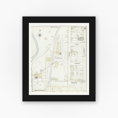 Old map wall art mockup — black gallery frame with white mat — Sanborn Fire Insurance Map from Hurley, Iron County, Wisconsin (1891), Sheet #0009