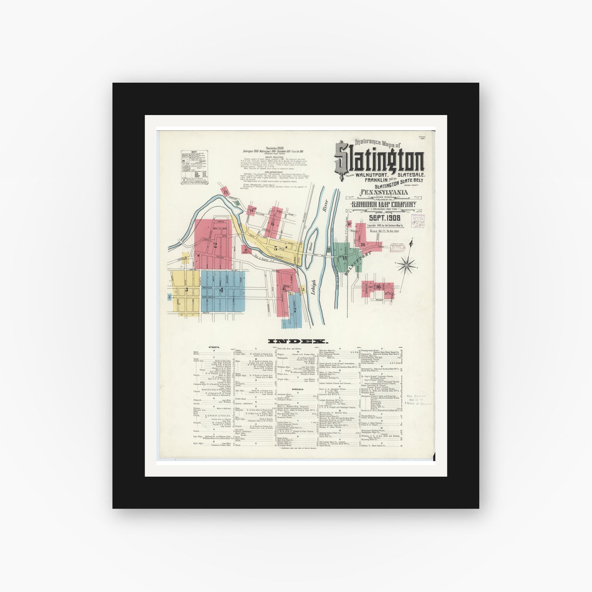 Old map wall art mockup — black gallery frame with white mat — Sanborn Fire Insurance Map from Slatington, Lehigh County, Pennsylvania (1908) - Complete Map Set