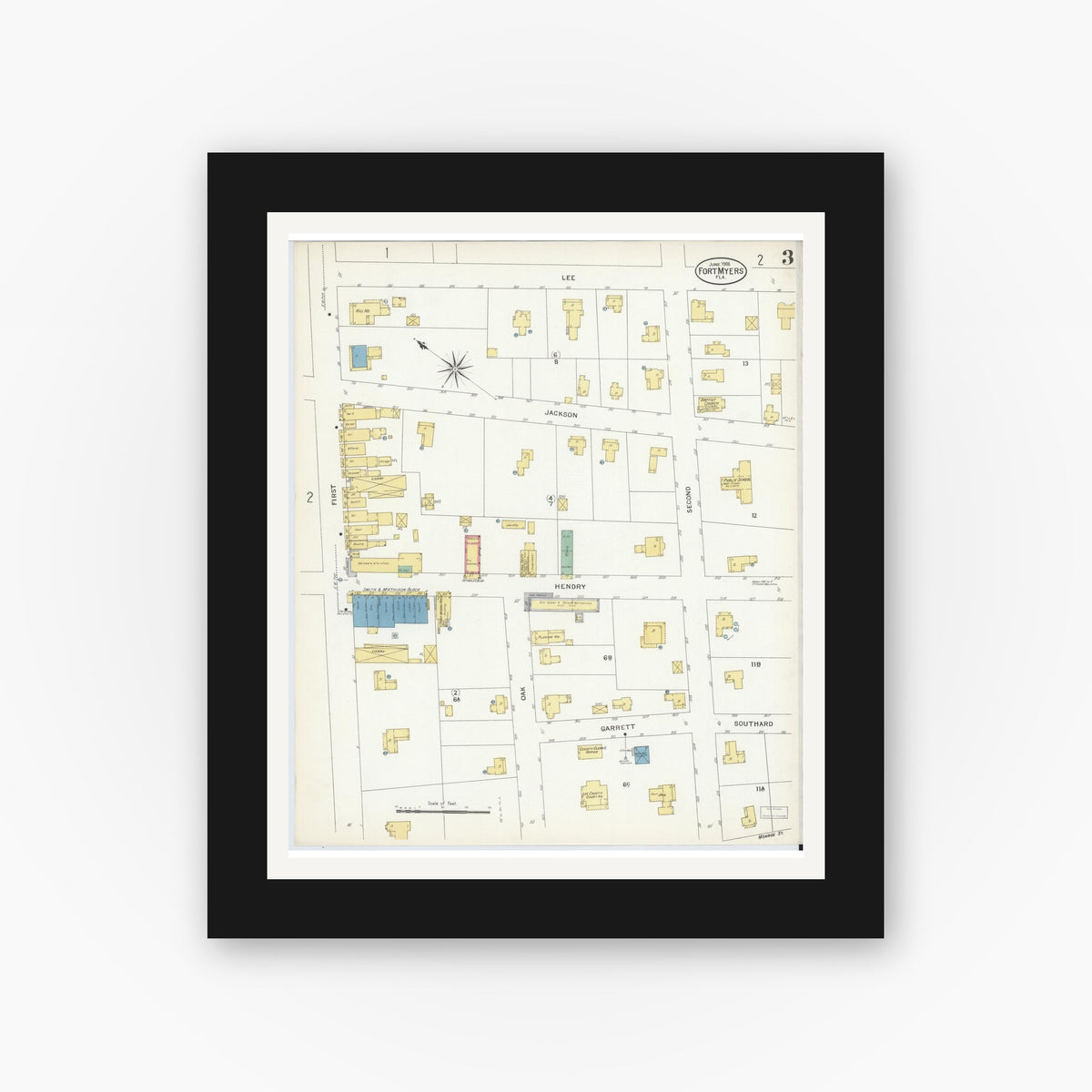 Old map wall art mockup — black gallery frame with white mat — Sanborn Fire Insurance Map from Fort Myers, Lee County, Florida (1908), Sheet #0003