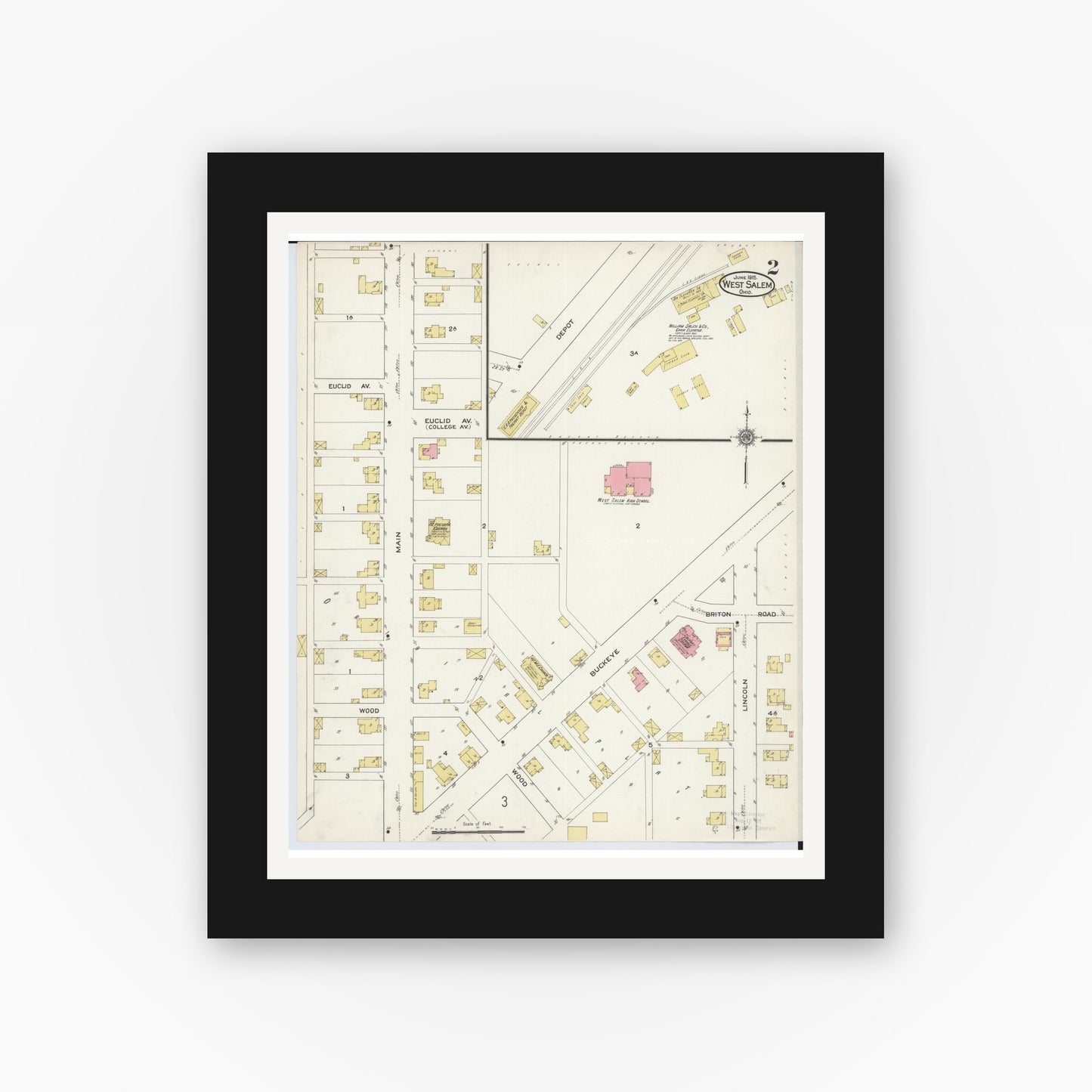 Old map wall art mockup — black gallery frame with white mat — Sanborn Fire Insurance Map from West Salem, Wayne County, Ohio (1915), Sheet #0002