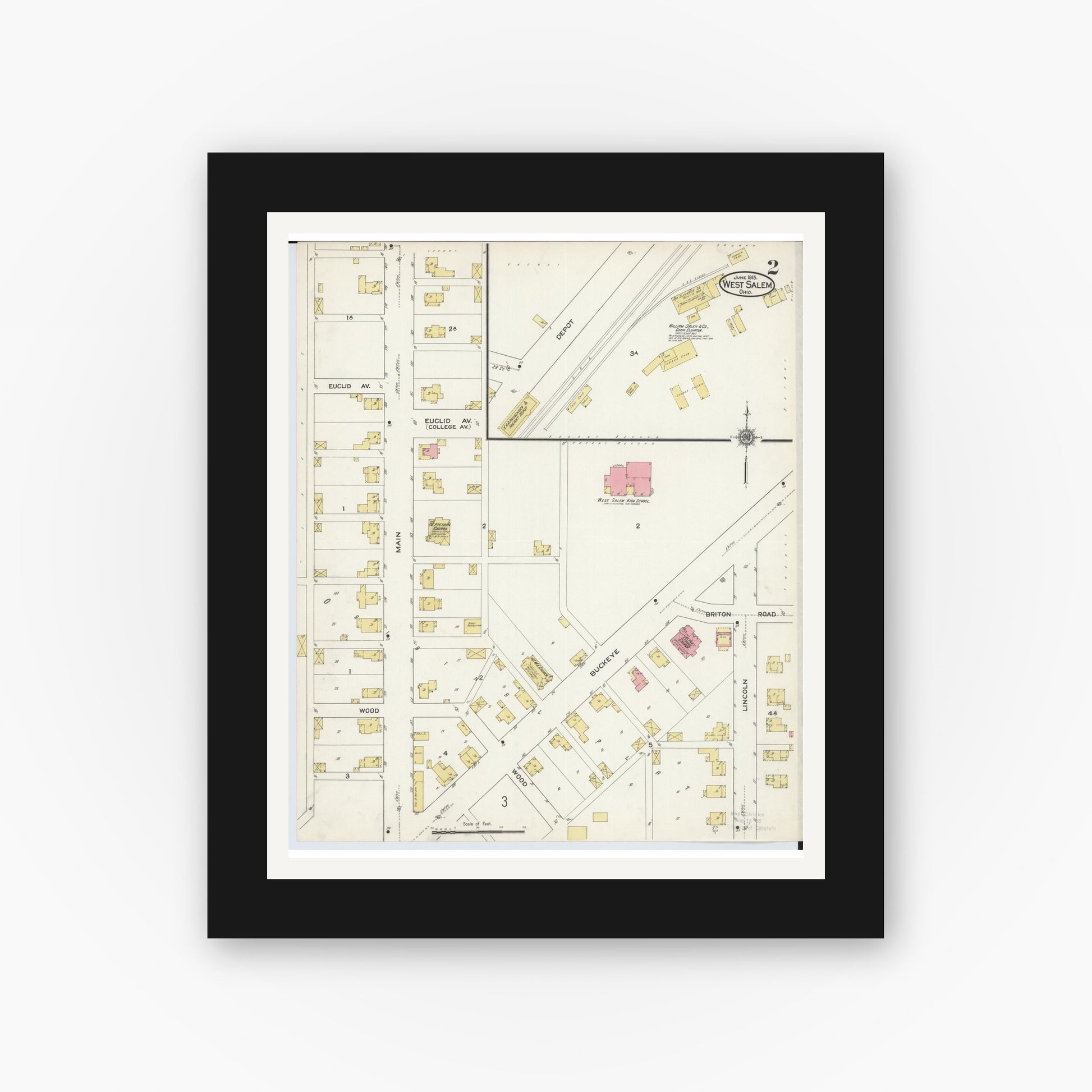 Old map wall art mockup — black gallery frame with white mat — Sanborn Fire Insurance Map from West Salem, Wayne County, Ohio (1915), Sheet #0002