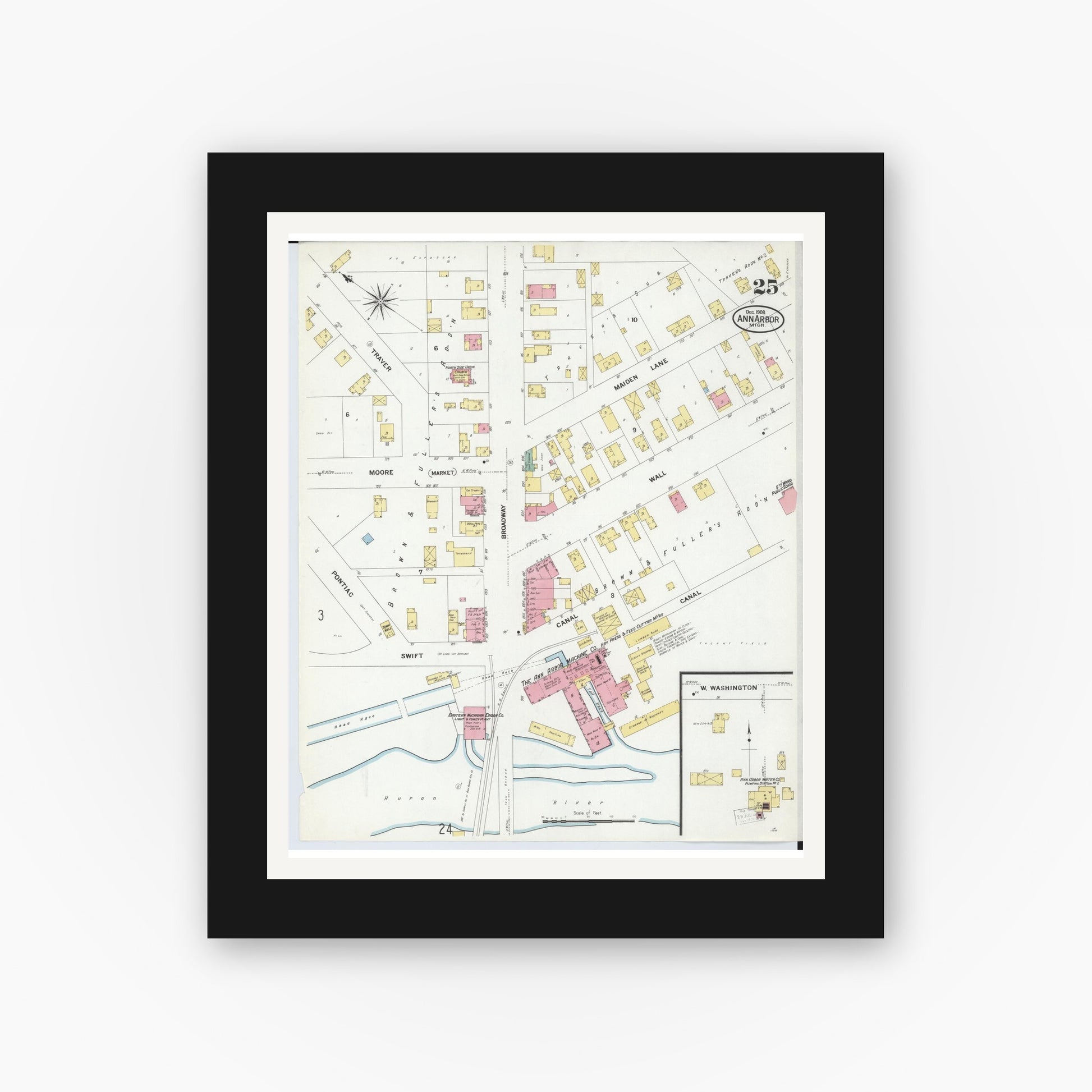 Old map wall art mockup — black gallery frame with white mat — Sanborn Fire Insurance Map from Ann Arbor, Washtenaw County, Michigan (1908), Sheet #0025