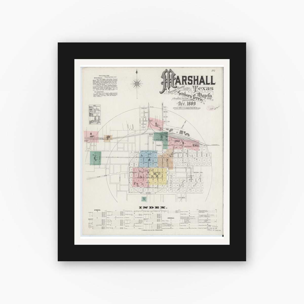 Old map wall art mockup — black gallery frame with white mat — Sanborn Fire Insurance Map from Marshall, Harrison County, Texas (1889), Sheet #0001