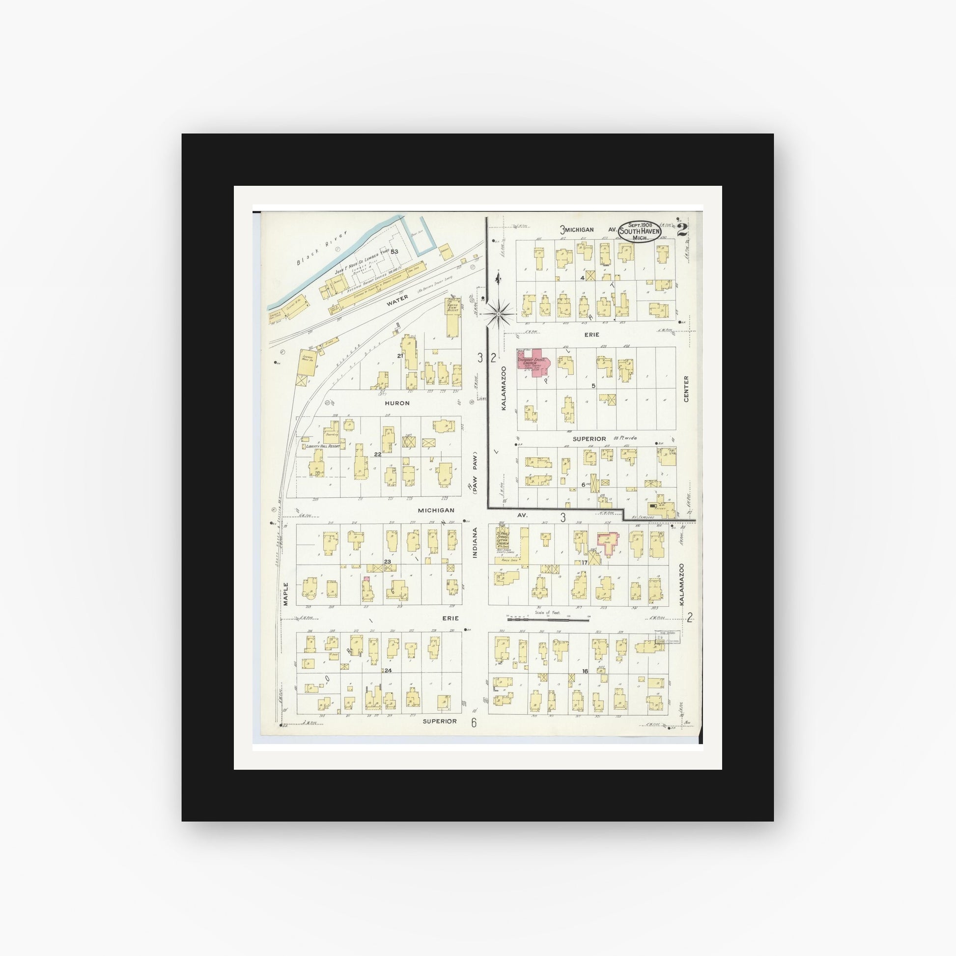 Old map wall art mockup — black gallery frame with white mat — Sanborn Fire Insurance Map from South Haven, Van Buren County, Michigan (1908), Sheet #0002