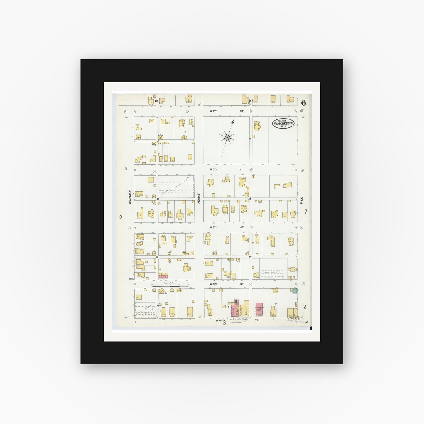 Old map wall art mockup — black gallery frame with white mat — Sanborn Fire Insurance Map from Manchester, Adams County, Ohio (1904), Sheet #0006