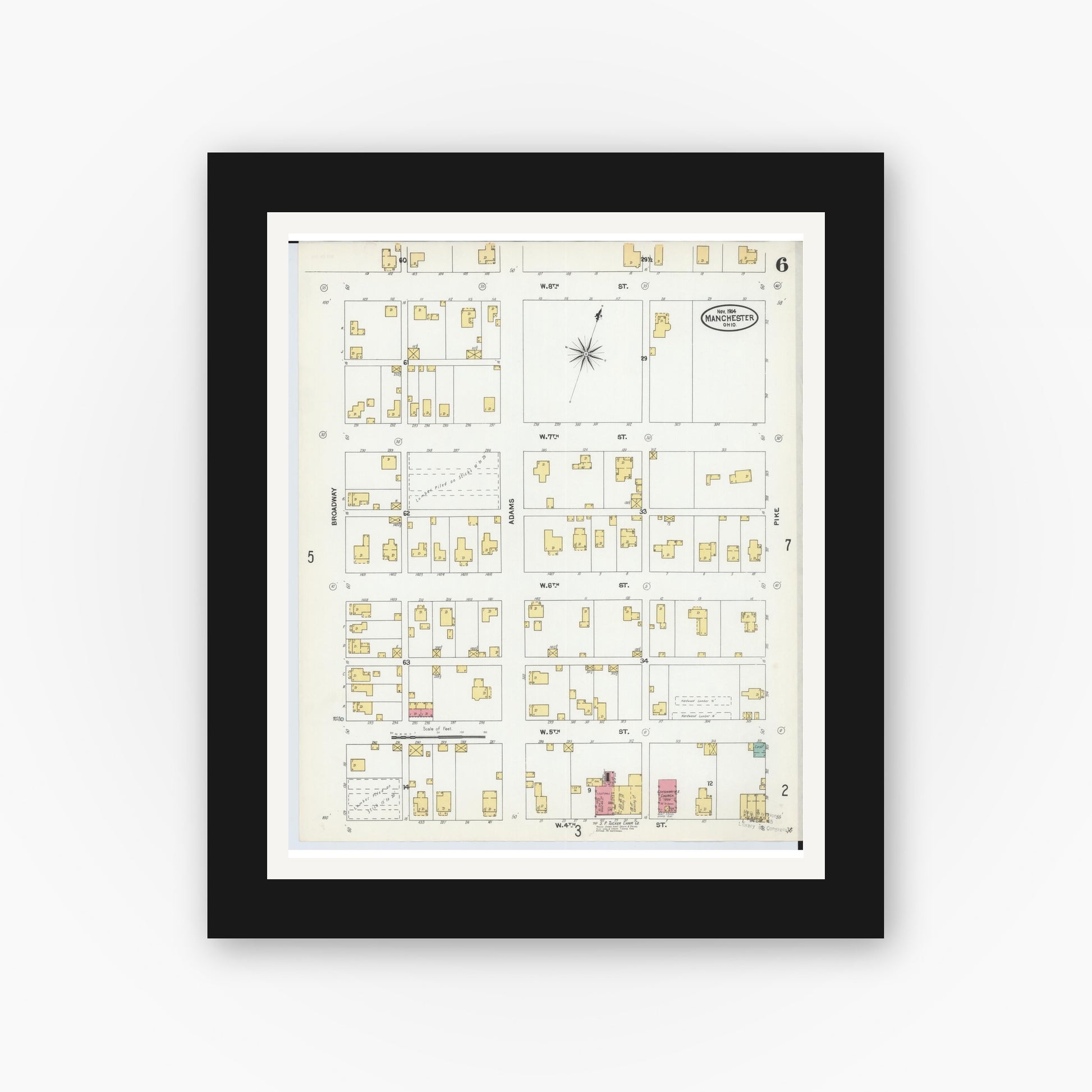 Old map wall art mockup — black gallery frame with white mat — Sanborn Fire Insurance Map from Manchester, Adams County, Ohio (1904), Sheet #0006