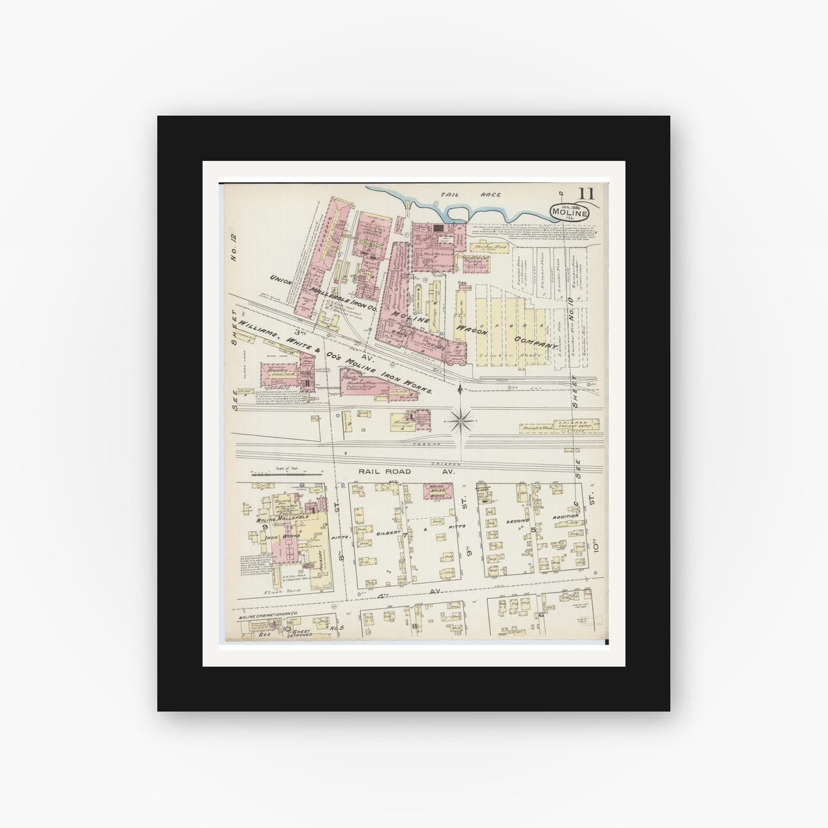 Old map wall art mockup — black gallery frame with white mat — Sanborn Fire Insurance Map from Moline, Rock Island County, Illinois (1886), Sheet #0011