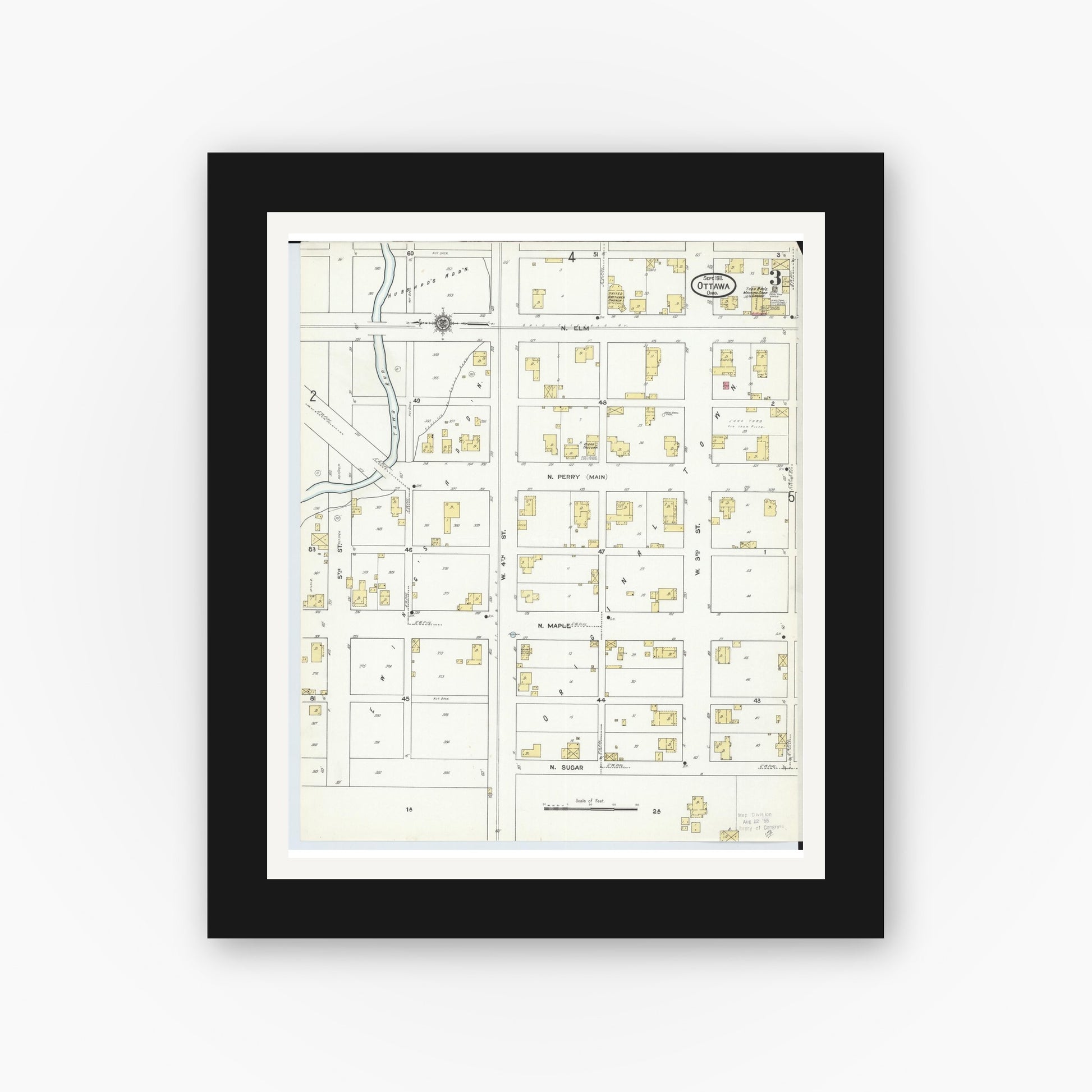 Old map wall art mockup — black gallery frame with white mat — Sanborn Fire Insurance Map from Ottawa, Putnam County, Ohio (1911), Sheet #0003