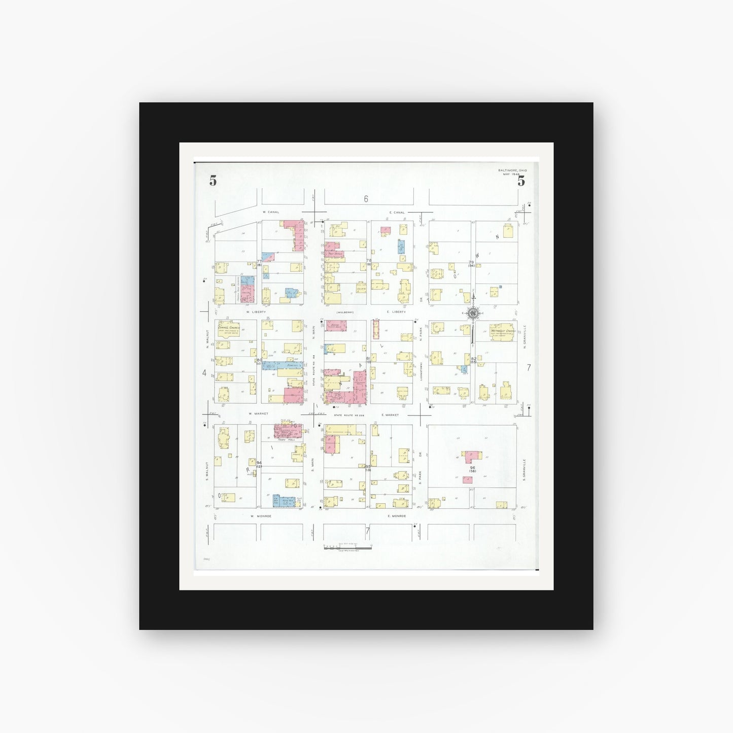 Old map wall art mockup — black gallery frame with white mat — Sanborn Fire Insurance Map from Baltimore, Fairfield County, Ohio (1946), Sheet #0005