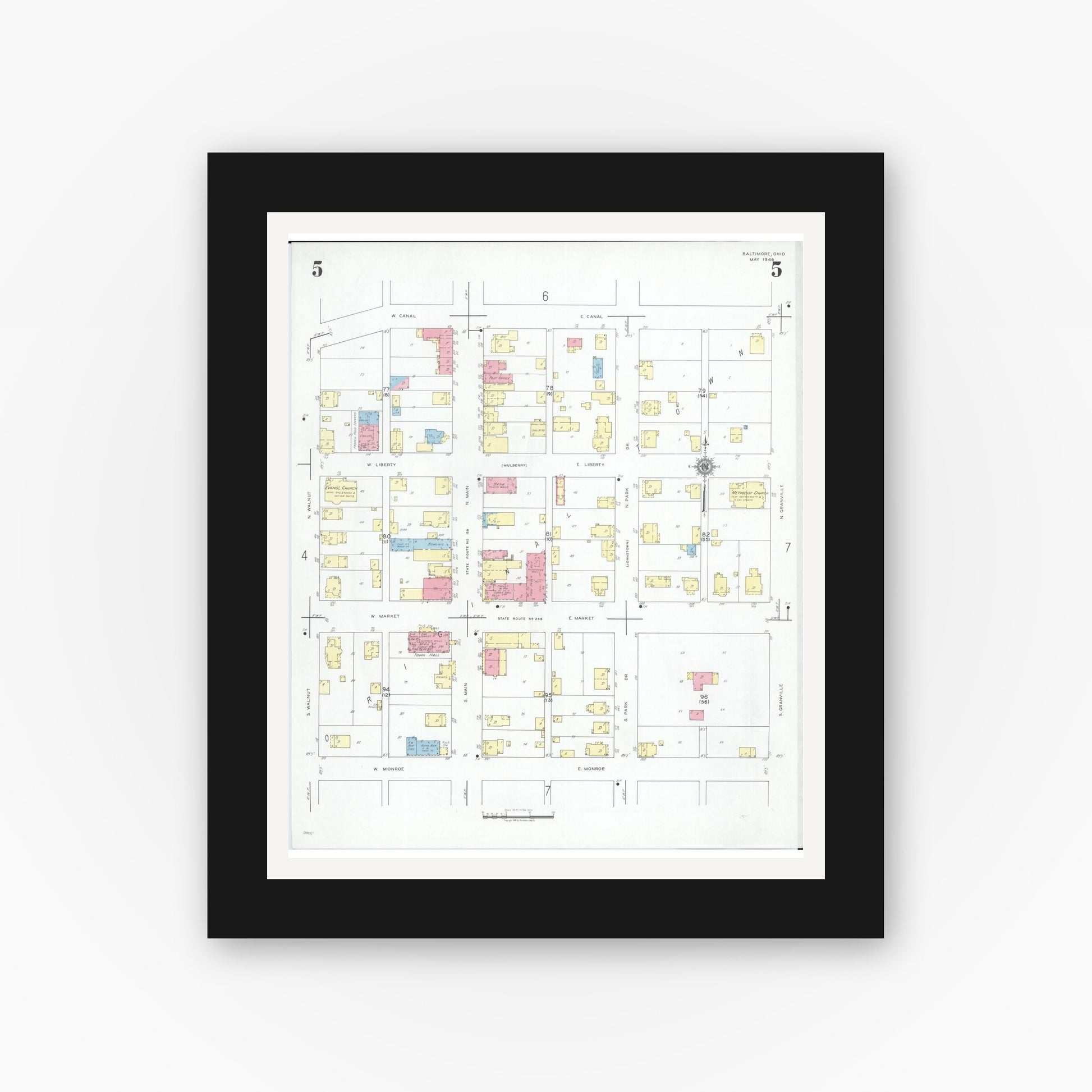 Old map wall art mockup — black gallery frame with white mat — Sanborn Fire Insurance Map from Baltimore, Fairfield County, Ohio (1946), Sheet #0005